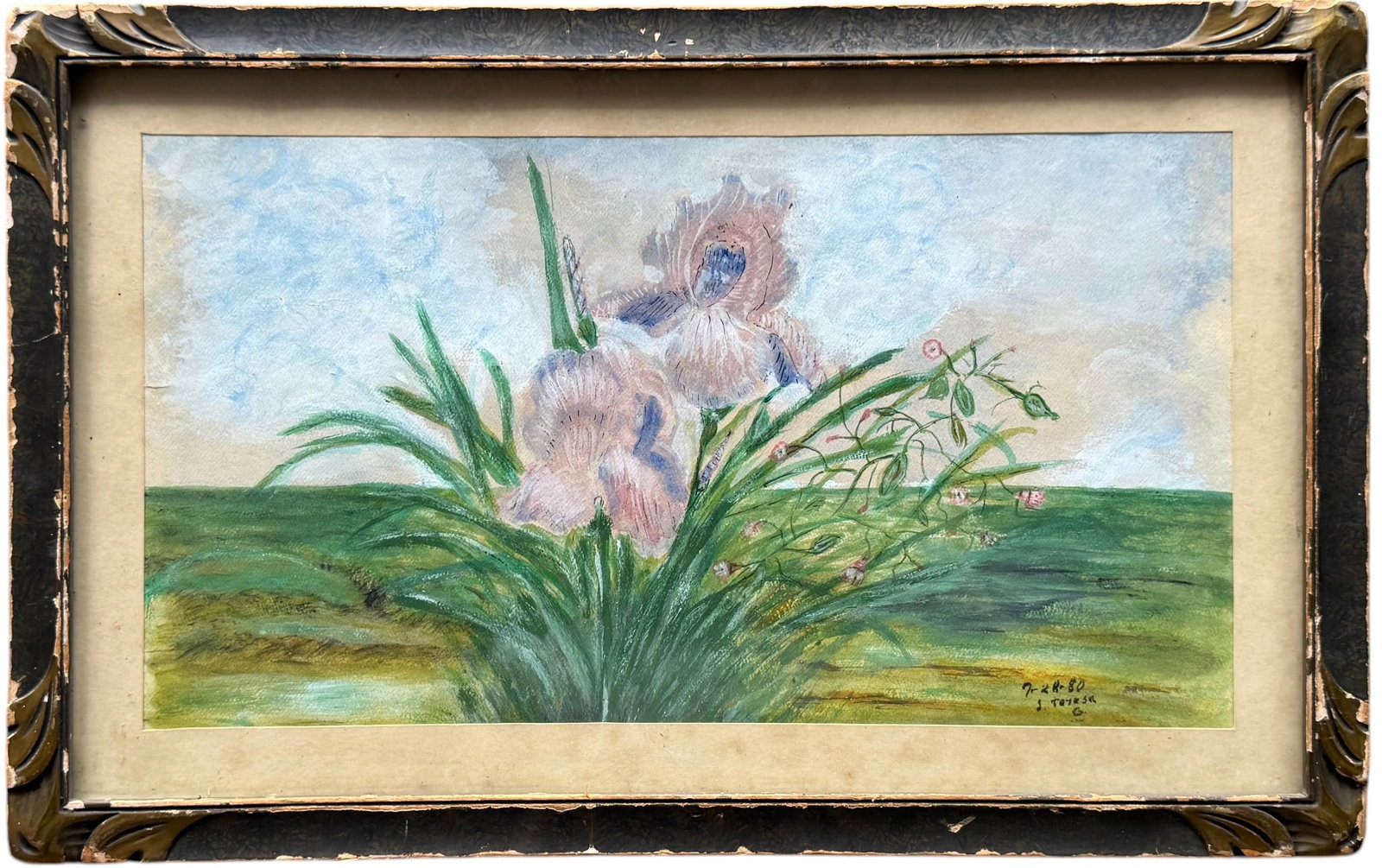 19th Century American Floral Landscape Painting – Signed & Dated 1880: Gouache and watercolor on paper 7 1/4 x 9 1/2 in (image), 21 1/2 x 13 1/2 in (framed). Domestic Flat Shipping Price: $55