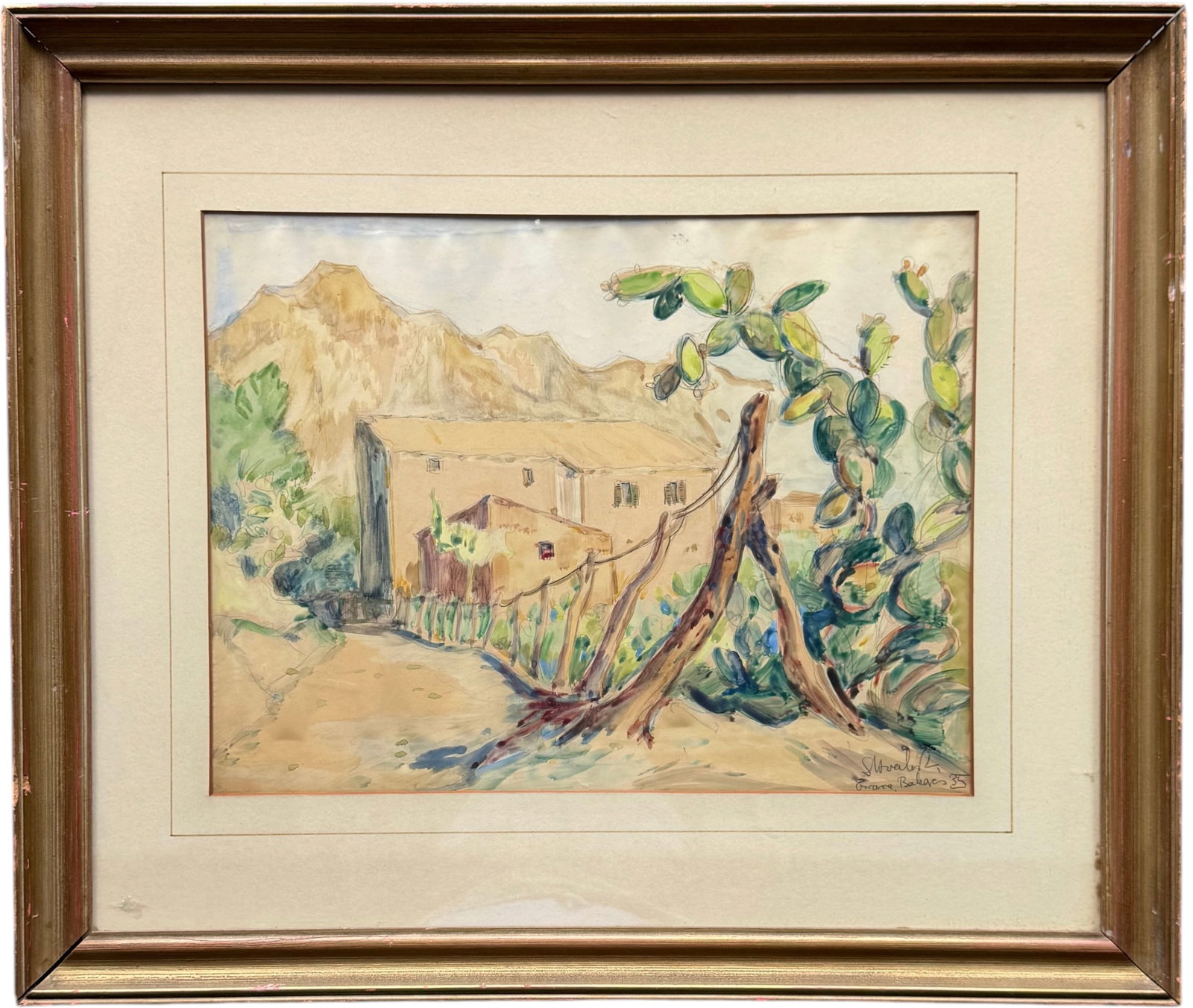 1930's Mediterranean Village Countryside Landscape Signed Watercolor (1 of 3)