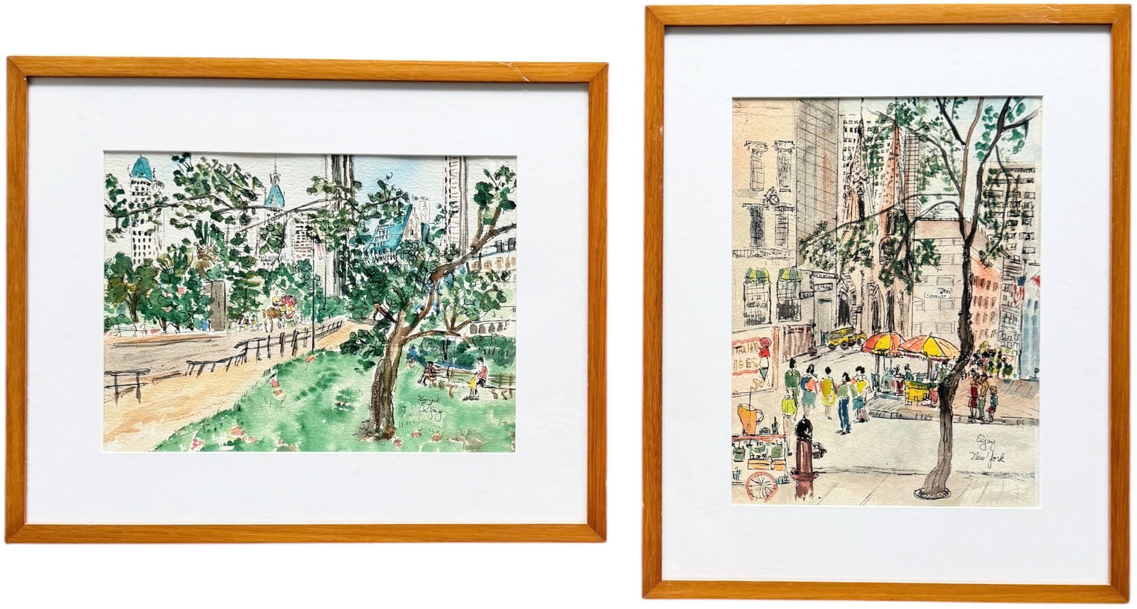Pair Of Nicely Framed Mid-Century New York City Watercolor & Ink Signed Paintings: 21 1/4 x 17 1/4 in (framed). Domestic Flat Shipping Price: $80