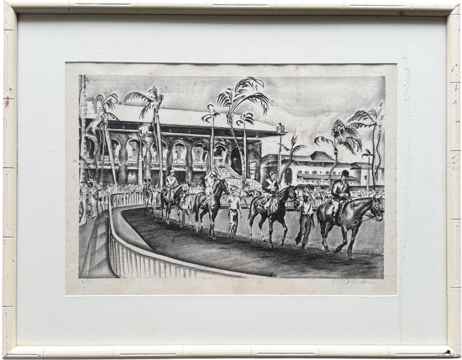 Hialeah Park Race Track in Miami, Vintage Pencil Signed Lithograph: Horse racing. 17 3/4 x 12 3/4 in (image), 26 1/4 x 20 3/4 in (framed). Domestic Flat Shipping Price: $80