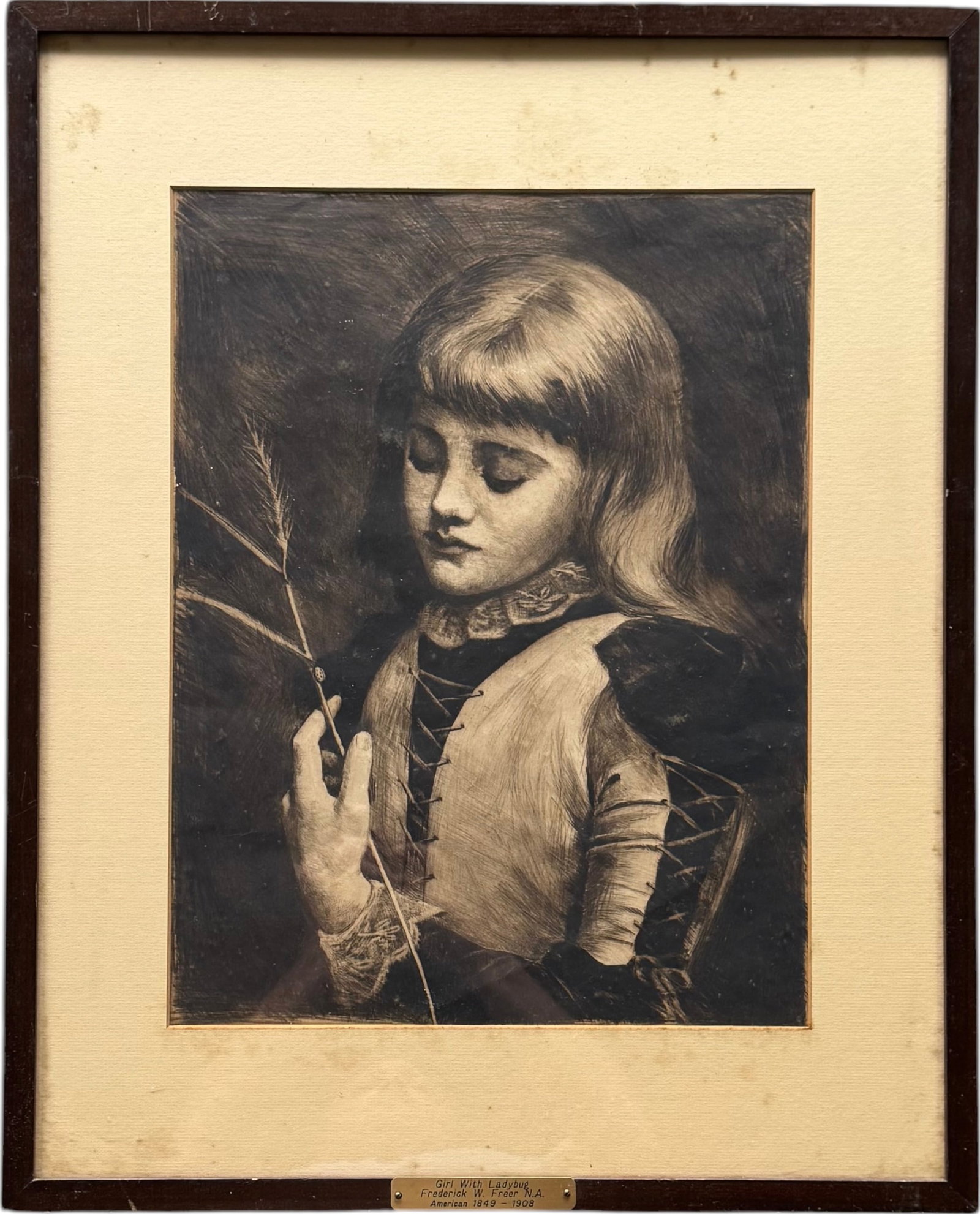 Frederick W. Freer (1849–1908, American) Framed Etching "Girl With Ladybug" (1 of 3)
