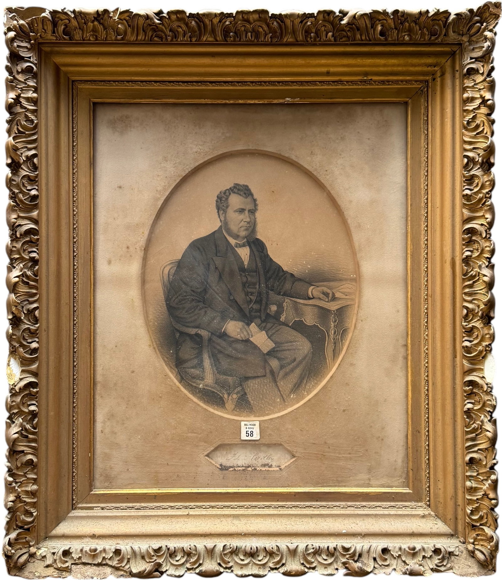 19th Century Steel-plate Engraving Signed Portrait In Gold Gesso Frame: 30 1/2 x 26 3/4 in (framed). Domestic Flat Shipping Price: $110