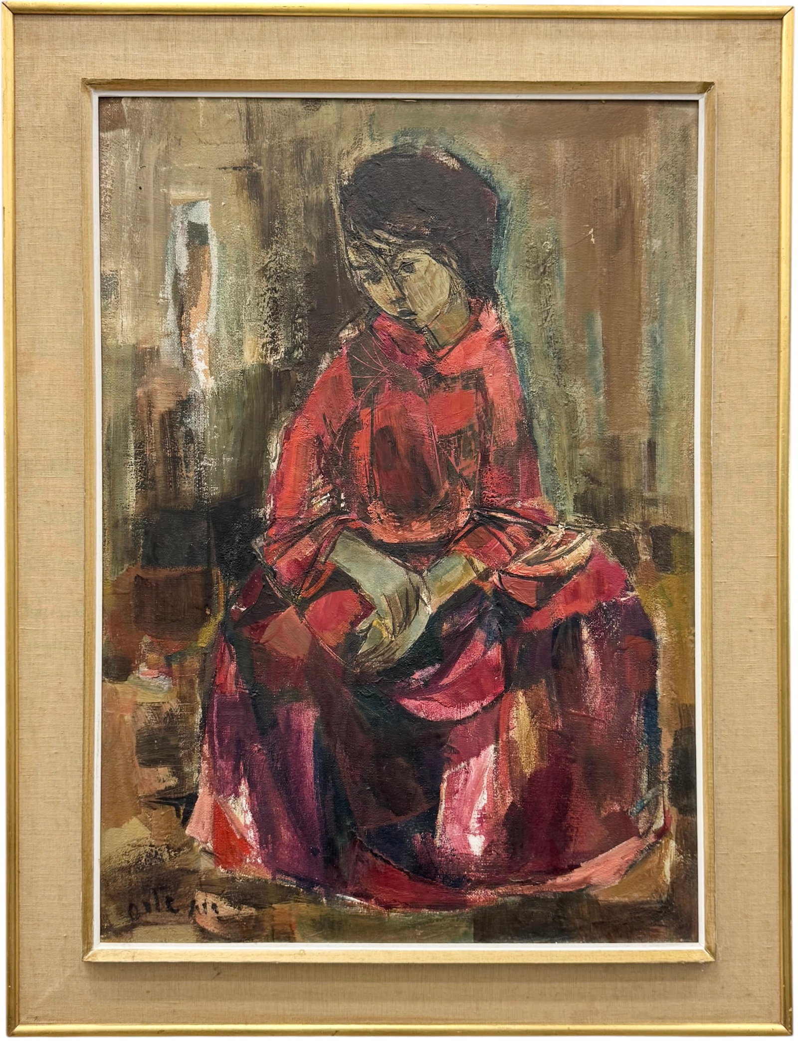 RUTH SCHLOSS (1922-2013, Israeli) Expressionist Portrait, Tel Aviv Label Verso (1 of 5)
