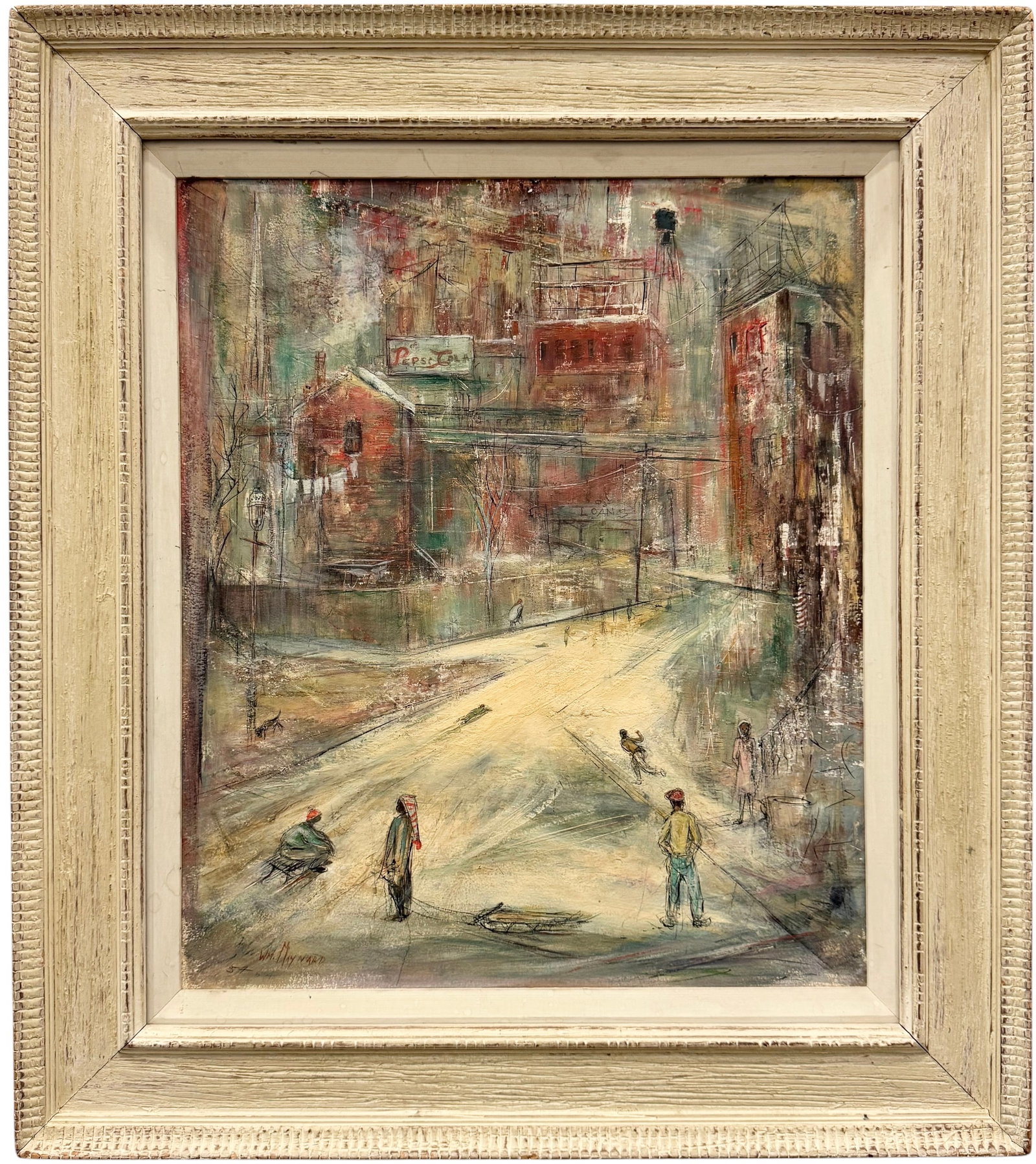 WILLIAM MAYNARD (1921-2016, Massachucetts) Boston Street Scene: William Maynard was a respected Massachusetts-based painter, heavily associated with the vibrant art community in Provincetown and Boston. While he is highly celebrated for his atmospheric Cape Cod