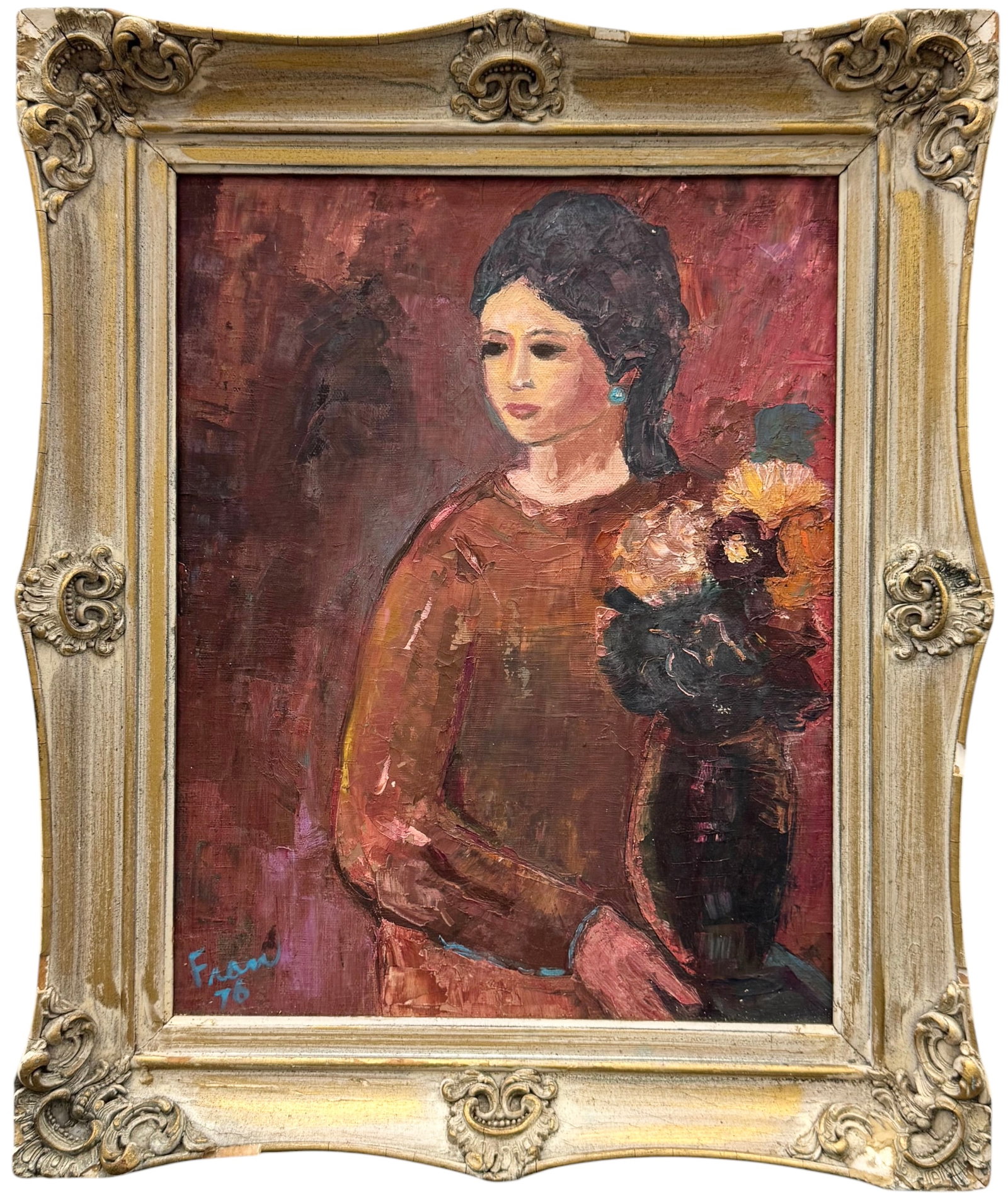 Mid-Century American Modernist Portrait Of A Woman With Flowers, Signed: Oil painting on canvas 14 x 11 in, 17 3/4 x 14 3/4 in (framed). Domestic Flat Shipping Price: $55