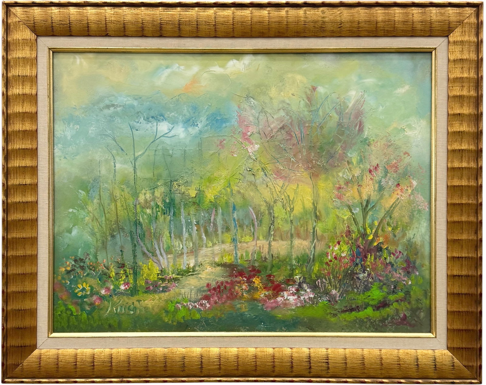 20th Century Signed Impressionist Spring Forest Landscape Oil Painting on Board: Oil painting on board 24 1/2 x 19 1/2 in (framed). Domestic Flat Shipping Price: $55