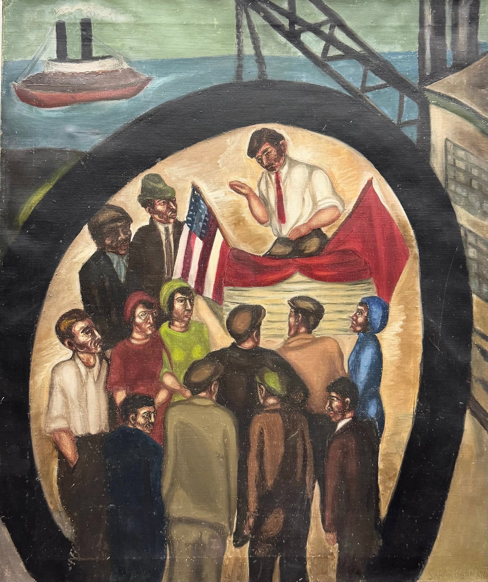 SARAH BERMAN (Ukrainian/American, 1895–1957) Shipyard Labor Union, 1932: Oil painting on canvas 24 x 20 in. Domestic Flat Shipping Price: $65