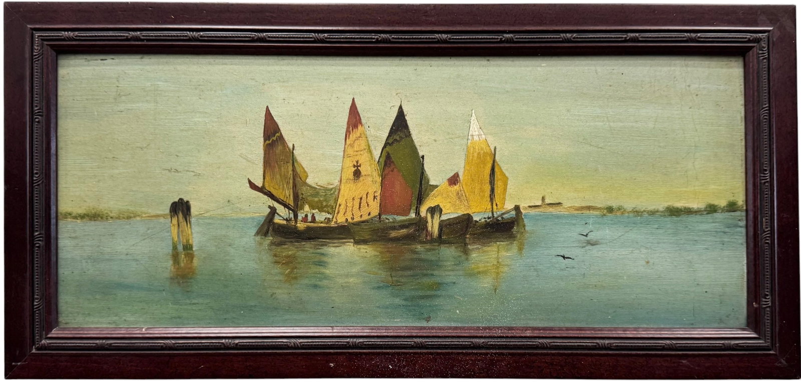 Early 20th c Italian School Impressionist Venetian Lagoon Scene With Boats: Oil painting on board 19 1/2 x 8 in, 21 1/2 x 10 in (framed). Domestic Flat Shipping Price: $55