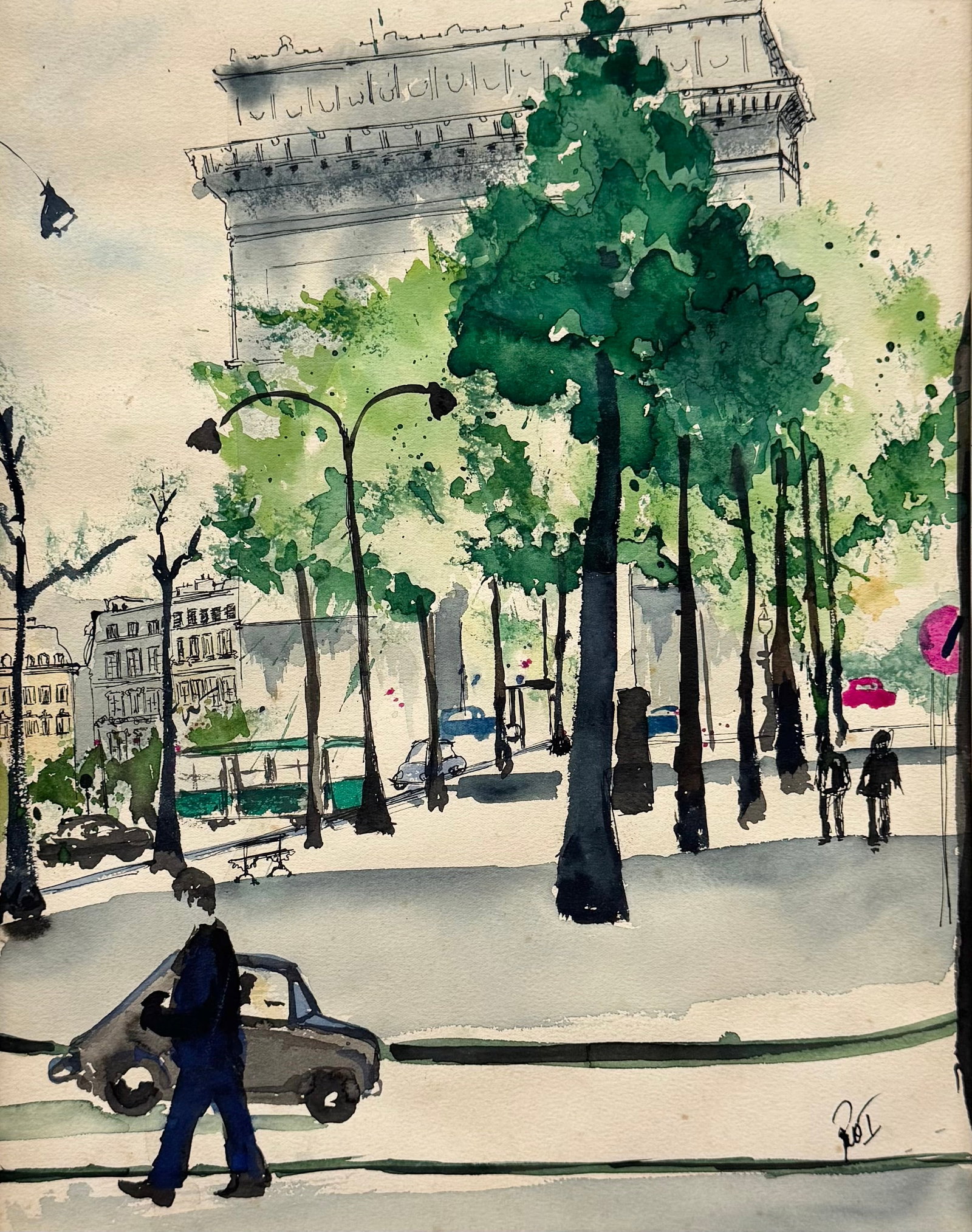 Mid-Century Expressionist Watercolor – Arc de Triomphe & Champs-Élysées, Signed: Watercolor on paper 22 x 15 in. Domestic Flat Shipping Price: $35