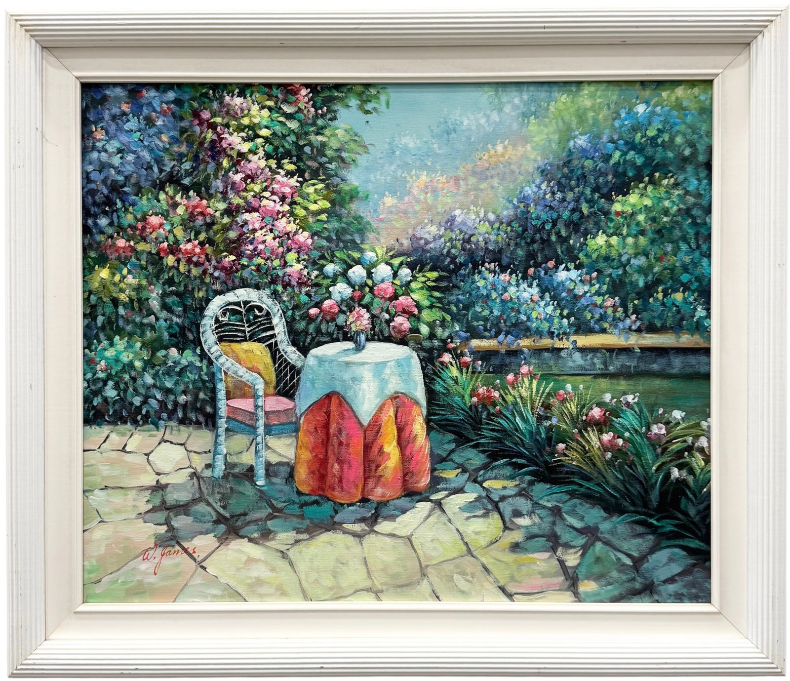 20th c Impressionist Garden Patio Landscape Oil on Canvas, Signed: Oil painting on canvas 24 x 20 in, 28 1/2 x 24 1/2 in (framed). Domestic Flat Shipping Price: $80