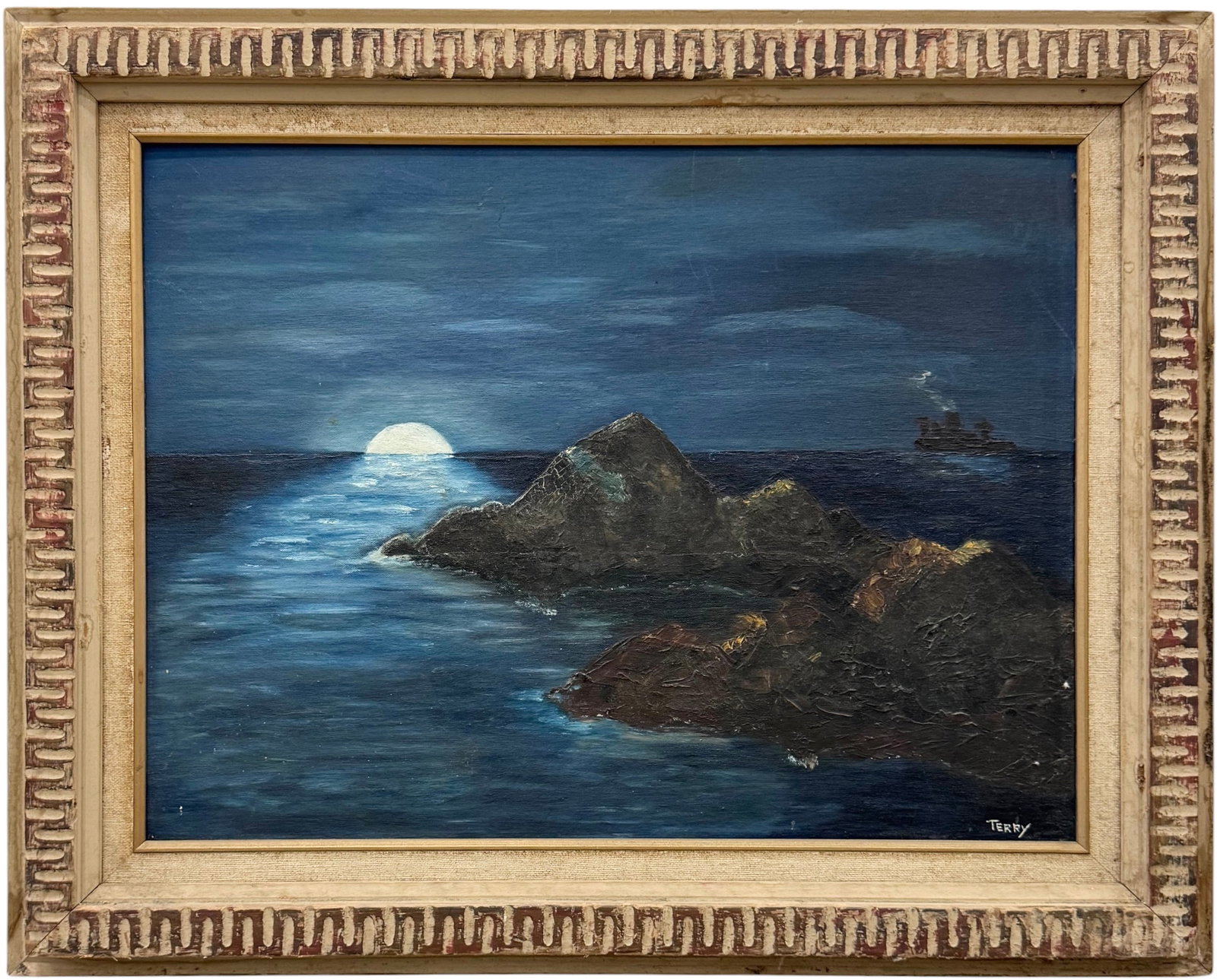 20th c American School, Nocturnal Moonlit Seascape with Distant Vessel, Signed (1 of 4)