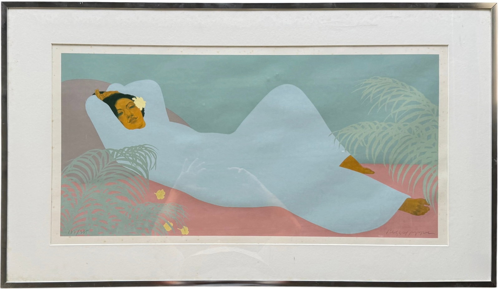Pegge Hopper, (American, b. 1936), "Lady Reclining", Hawaiit Artist: Pencil signed print. 34 7/8 x 16 in (image), 46 x 26 1/2 in (framed). Domestic Flat Shipping Price: $120