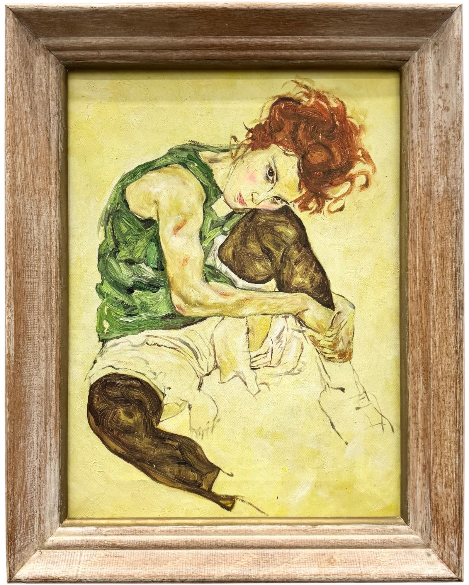 Egon Schiele (after), Seated Woman with Bent Knees: Oil painting on canvas 16 x 12 in, 19 x 15 in (framed). Domestic Flat Shipping Price: $55