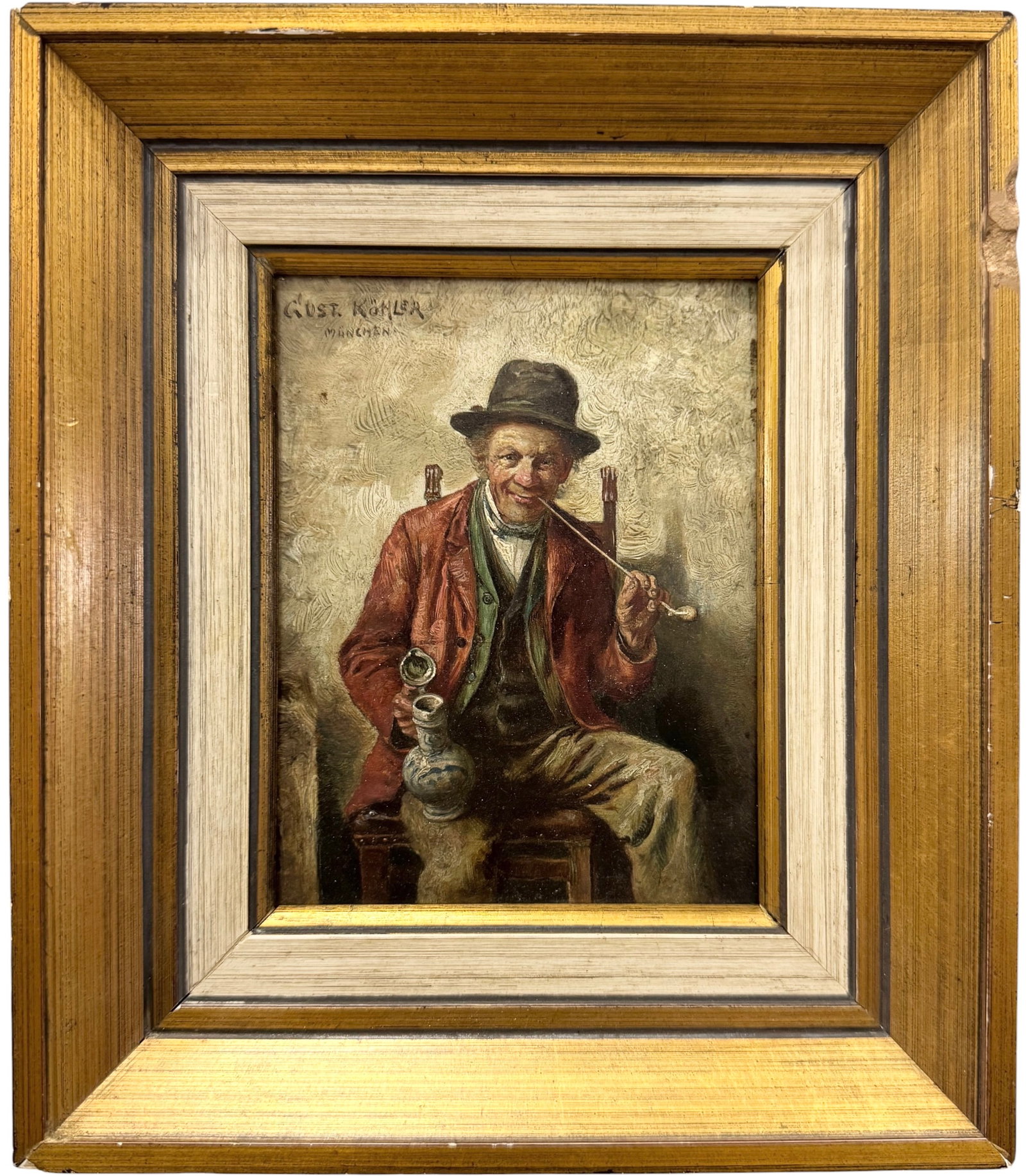 GUSTAV KOHLER (1859-1932, German) Portrait of a Gentleman & His Pipe: Oil painting on board 5 x 4 in, 8 3/4 x 7 1/4 in (framed). Domestic Flat Shipping Price: $45