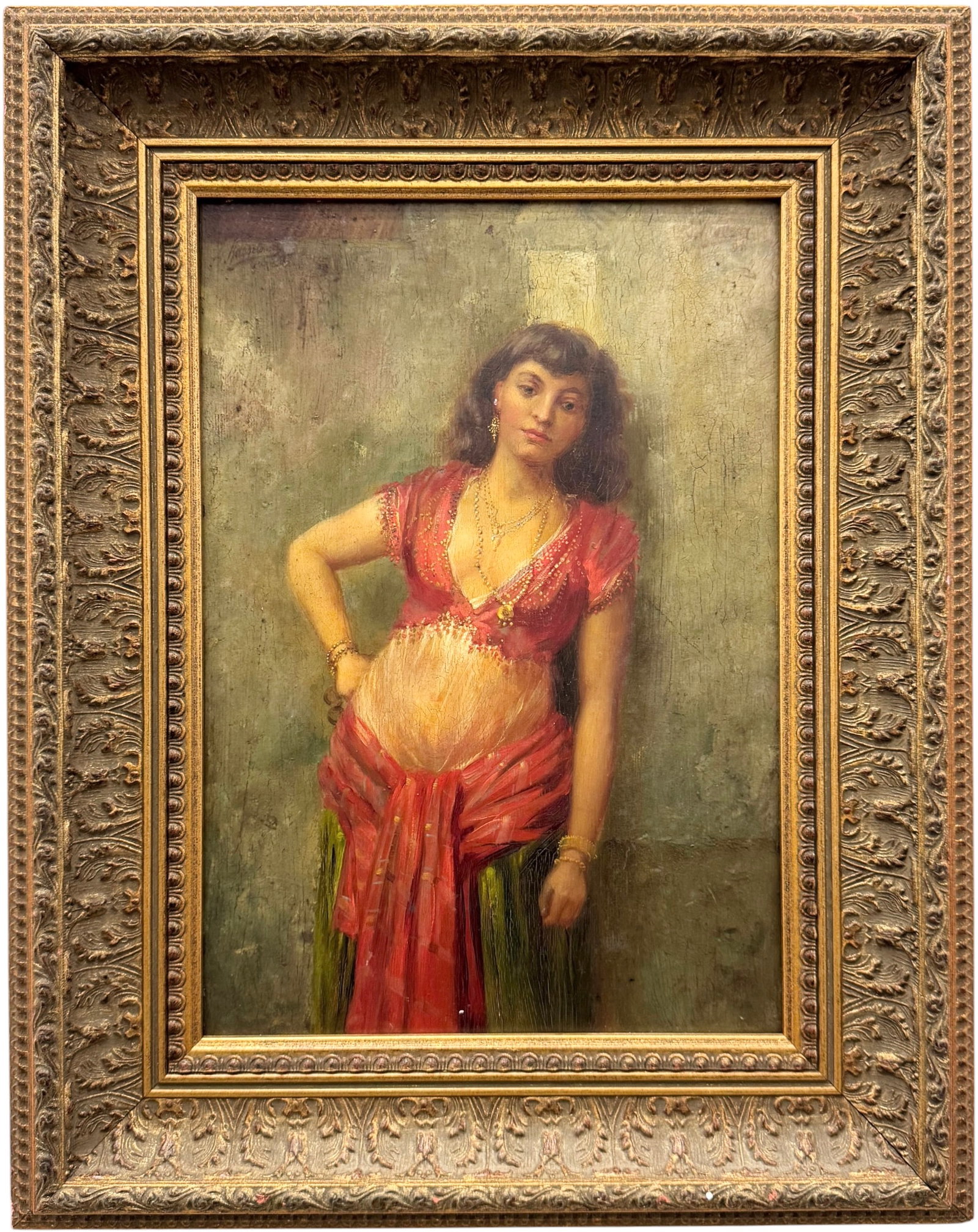 HEINRICH HASSELHORST (1825-1904, German) Arab Dancer 1895: Oil painting on panel 14 x 10 in, 19 3/4 x 15 3/4 in (framed). Domestic Flat Shipping Price: $55