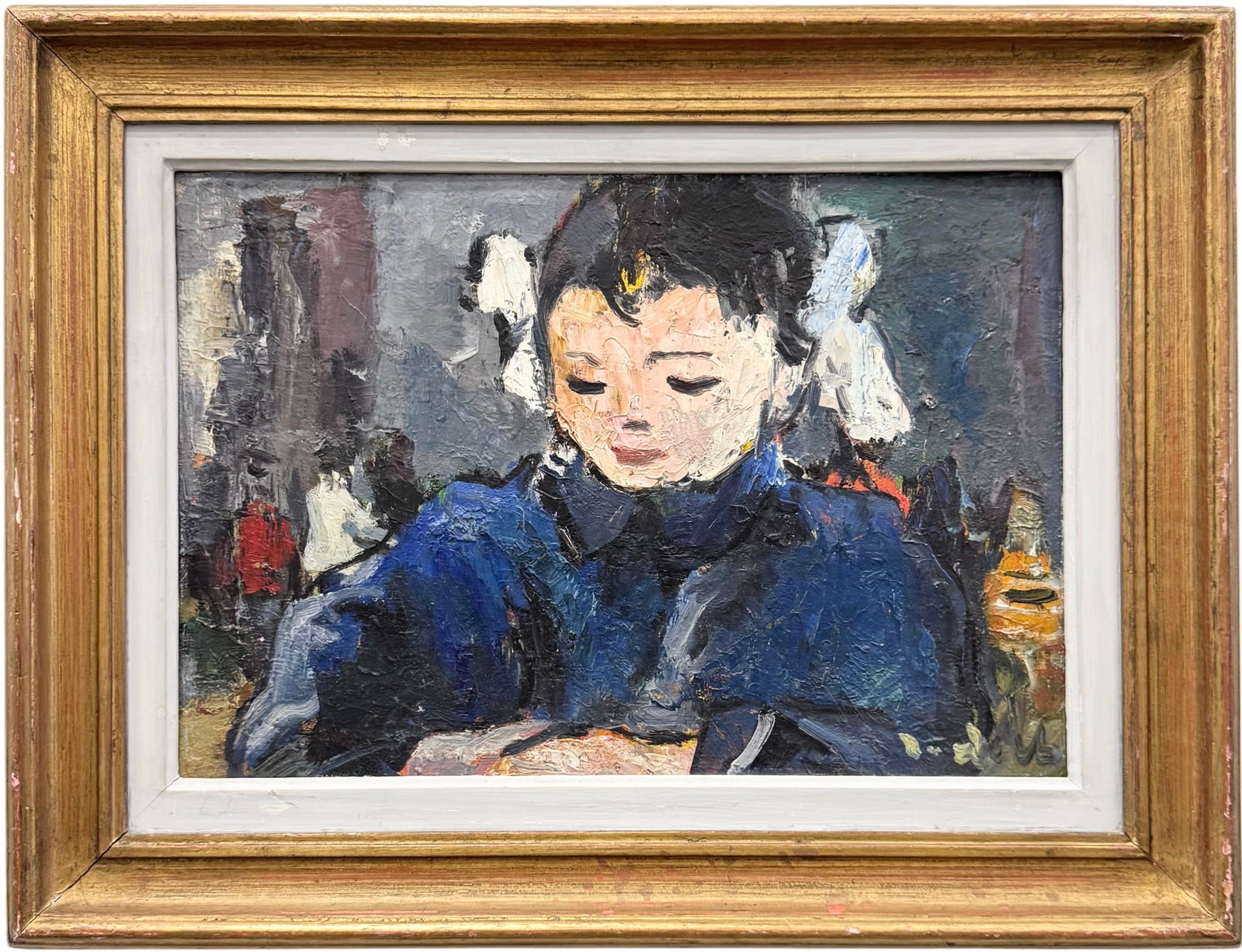 Post-War Romanian Expressionist School Signed Portrait Of A Girl: Oil painting on board 18 x 12 3/4 in, 23 1/2 x 18 in (framed). Romanian important stamp verso. Domestic Flat Shipping Price: $55