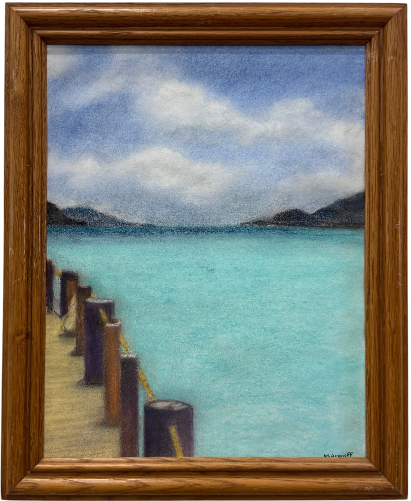MERVYN ARONOFF (20th c, American) Coastal Seascape w/ Pier and Turquoise Waters: Pastel on paper 16 1/4 x 13 1/4 in (framed). Domestic Flat Shipping Price:$45