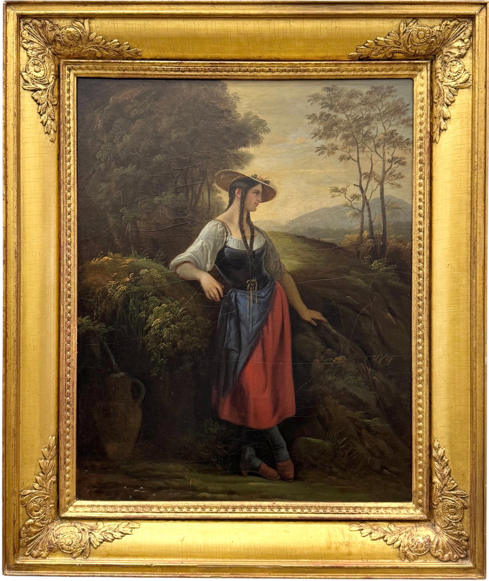 Fine 19th Century European Romanticist Oil Painting - Maiden In Landscape, Signed: Signed with monogram lower right "AF". Oil painting on canvas 25 1/8 x 20 1/8 in, 32 x 27 in (framed). Domestic Flat Shipping Price: $90