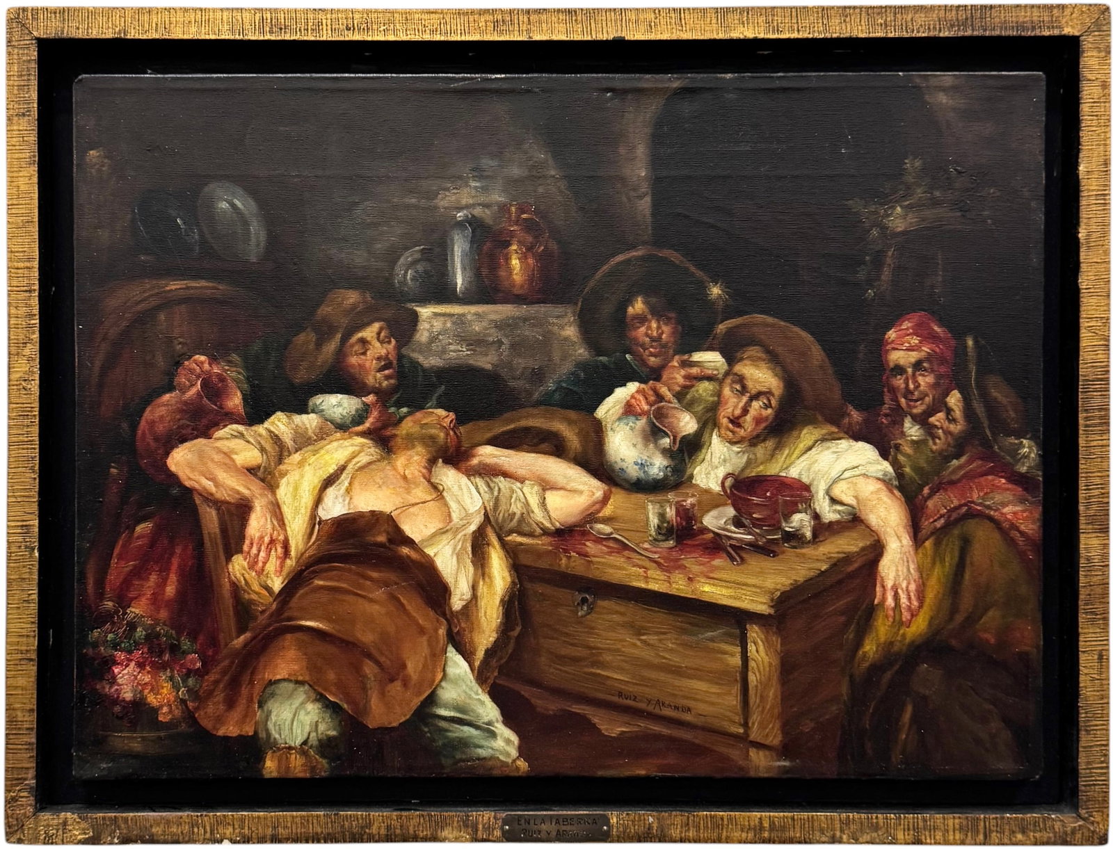 RUIZ Y ARANDA "En La Taberna" 19th Century Spanish School Painting: Oil painting on board 21 7/8 x 16 in, 24 3/4 x 18 3/4 in (framed). Domestic Flat Shipping Price: $65