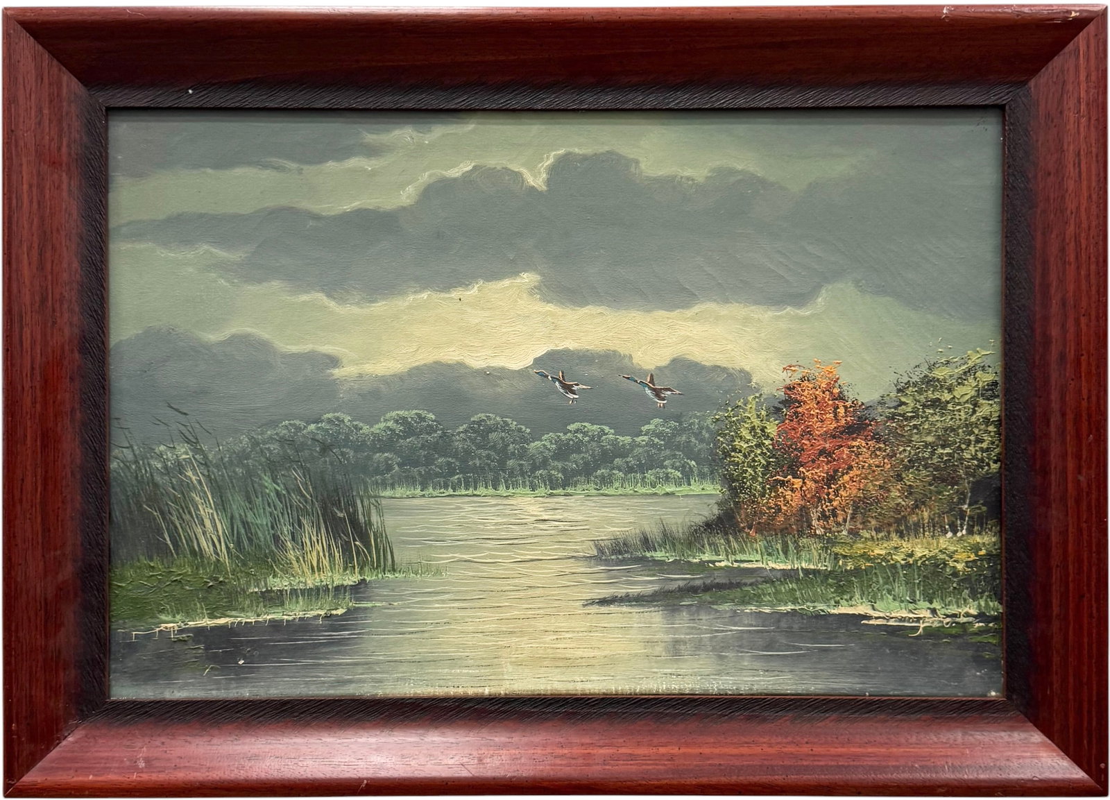 Mid-Century Oil on Canvas — Mallard Ducks Flying Over Marshland Landscape, Framed: Oil painting on canvas 24 x 16 in, 28 x 20 in (framed). Domestic Flat Shipping Price: $80
