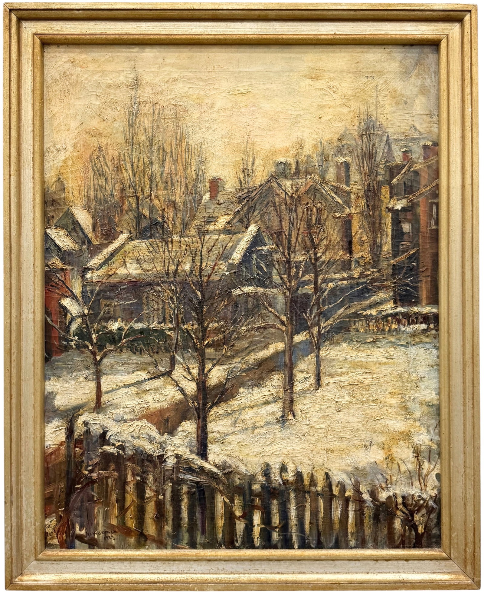 FLORENCE NEWCOMER (20th c, Pennsylvania) Impressionist Snowy Cityscape 1923: Oil painting on canvas 28 x 22 in, 31 1/2 x 25 1/2 in (framed). Domestic Flat Shipping Price: $90
