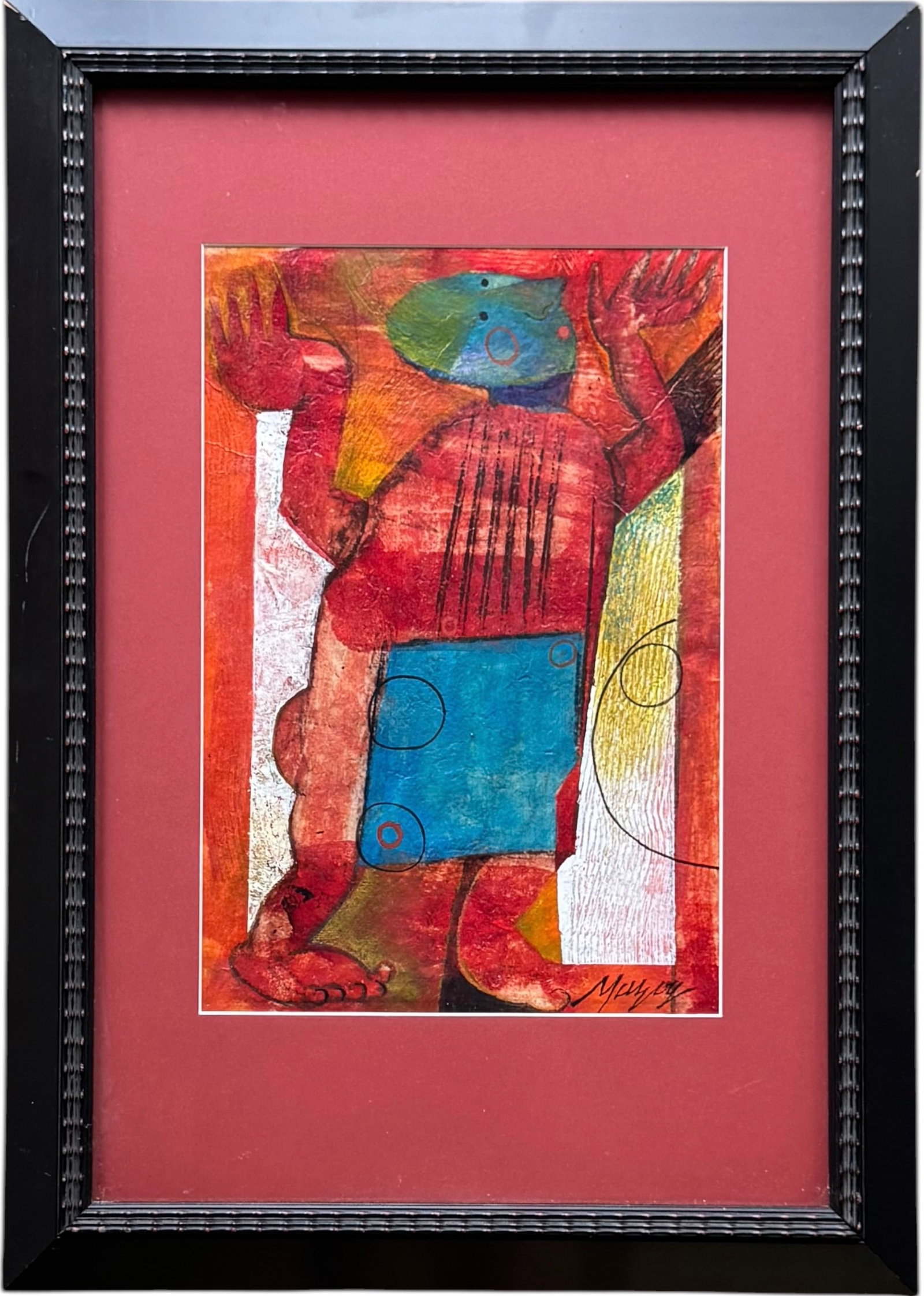 Symbolist Composition with Totemic Figure and Geometric Shapes, Signed: Mixed media on paper 14 1/4 x 9 7/8 in (sight), 24 1/4 x 17 1/4 in (framed). Domestic Flat Shipping Price: $70