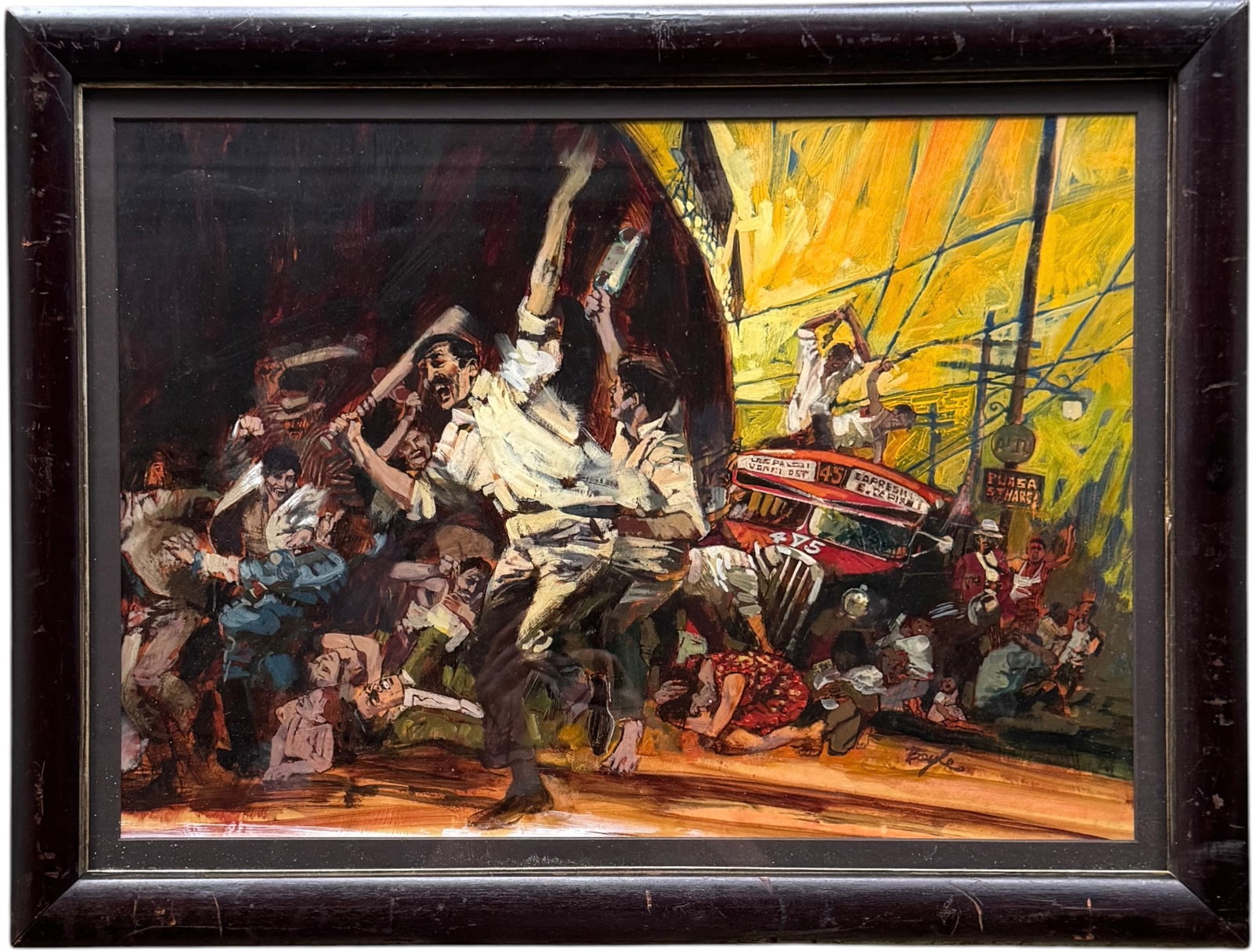 JAMES NEIL BOYLE (1931–2006, American) Riot/Revolution Street Scene: Oil painting on board 20 1/2 x 14 1/2 in, 25 x 19 in (framed). Domestic Flat Shipping Price: $80