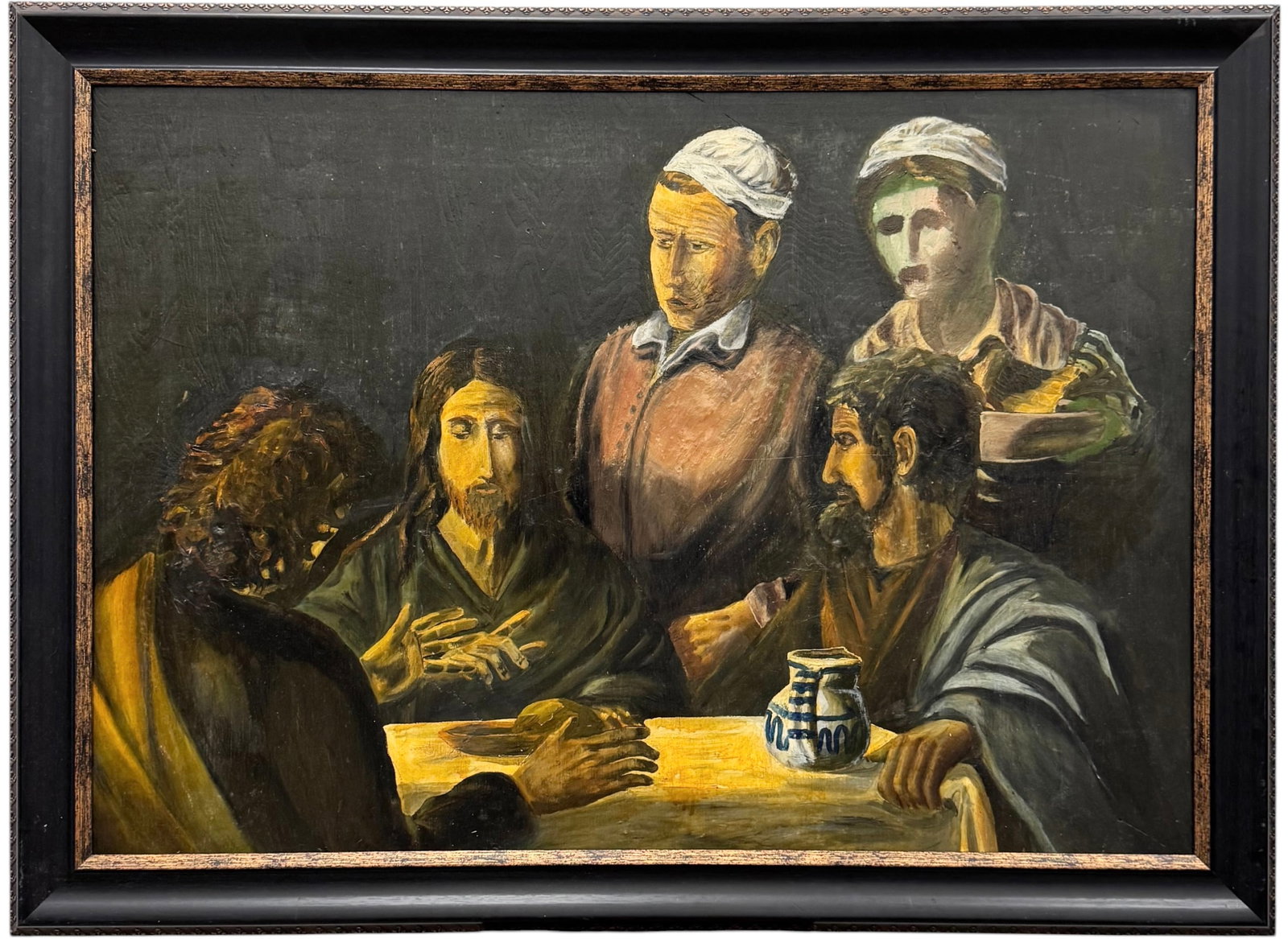 20th Century Dutch School: Modernist Composition Of The Supper at Emmaus: Oil painting on wood 40 x 29 in, 45 x 33 in (framed). Domestic Flat Shipping Price: $130