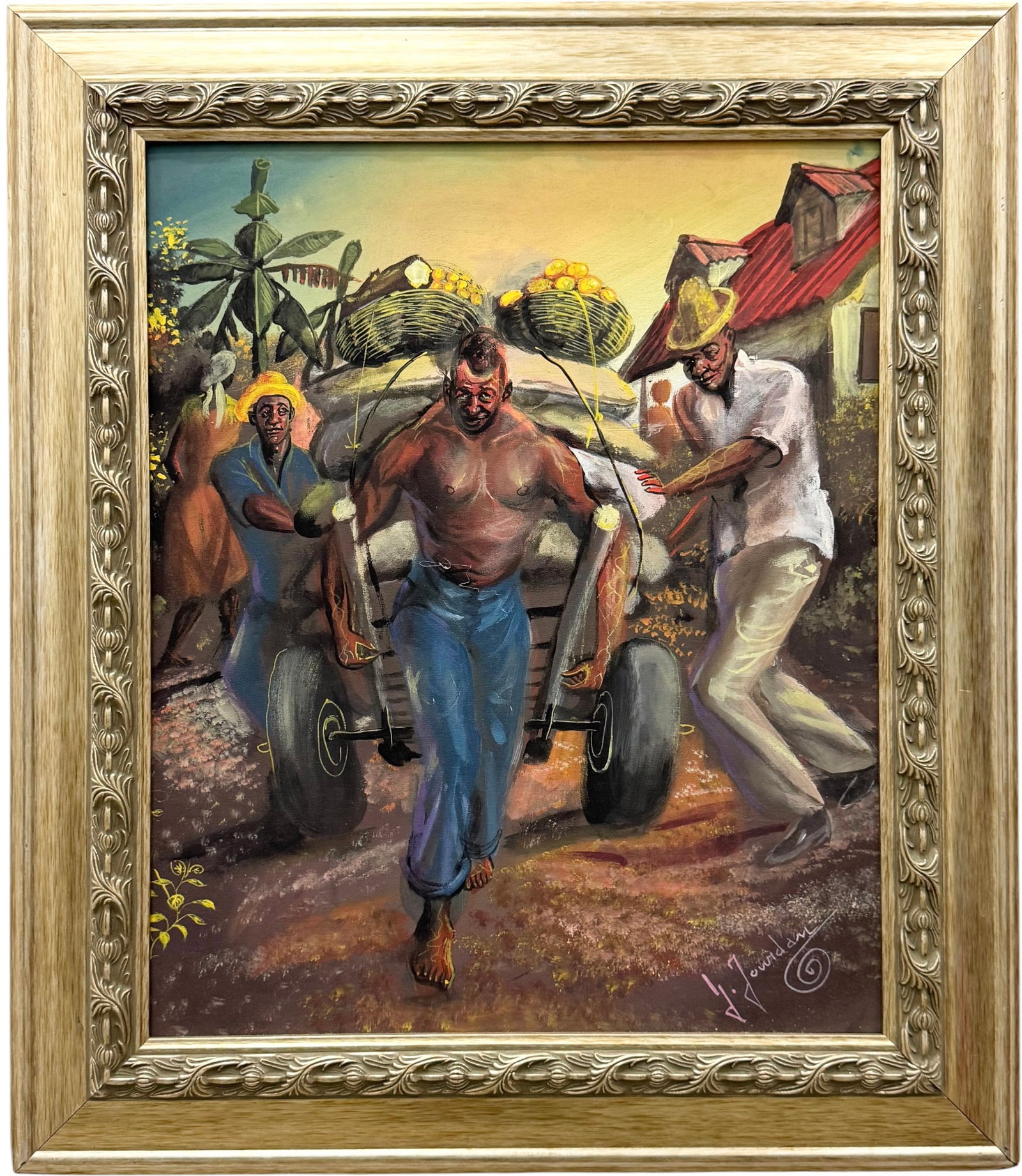 GUY JOURDAN (20th c, Haitain) Workers Pushing Wheeled Cart (1 of 3)