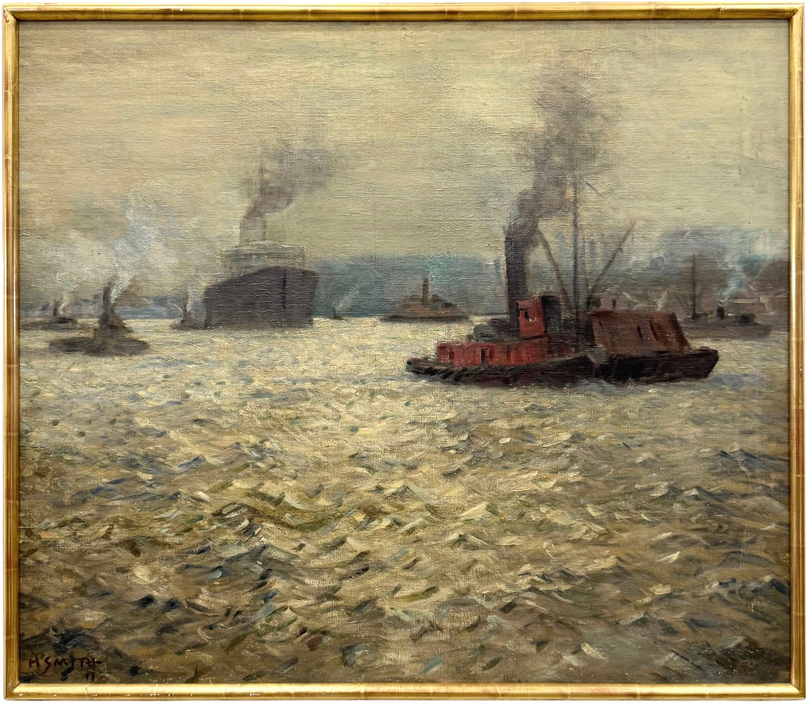 H. Smith (Early 20th Century) "Tugboats and Steamships in an Industrial Harbor," 1911 (1 of 3)