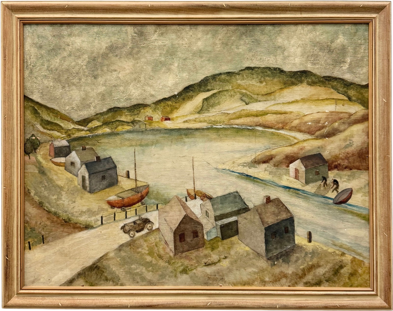 RM LOOMIS 1930's American WPA Regionalist Lake Scene With Houses: Circa 1930's-Early 1940's. Oil painting on board 41 x 31 in, 45 x 36 in (framed). Domestic Flat Shipping Price: $130