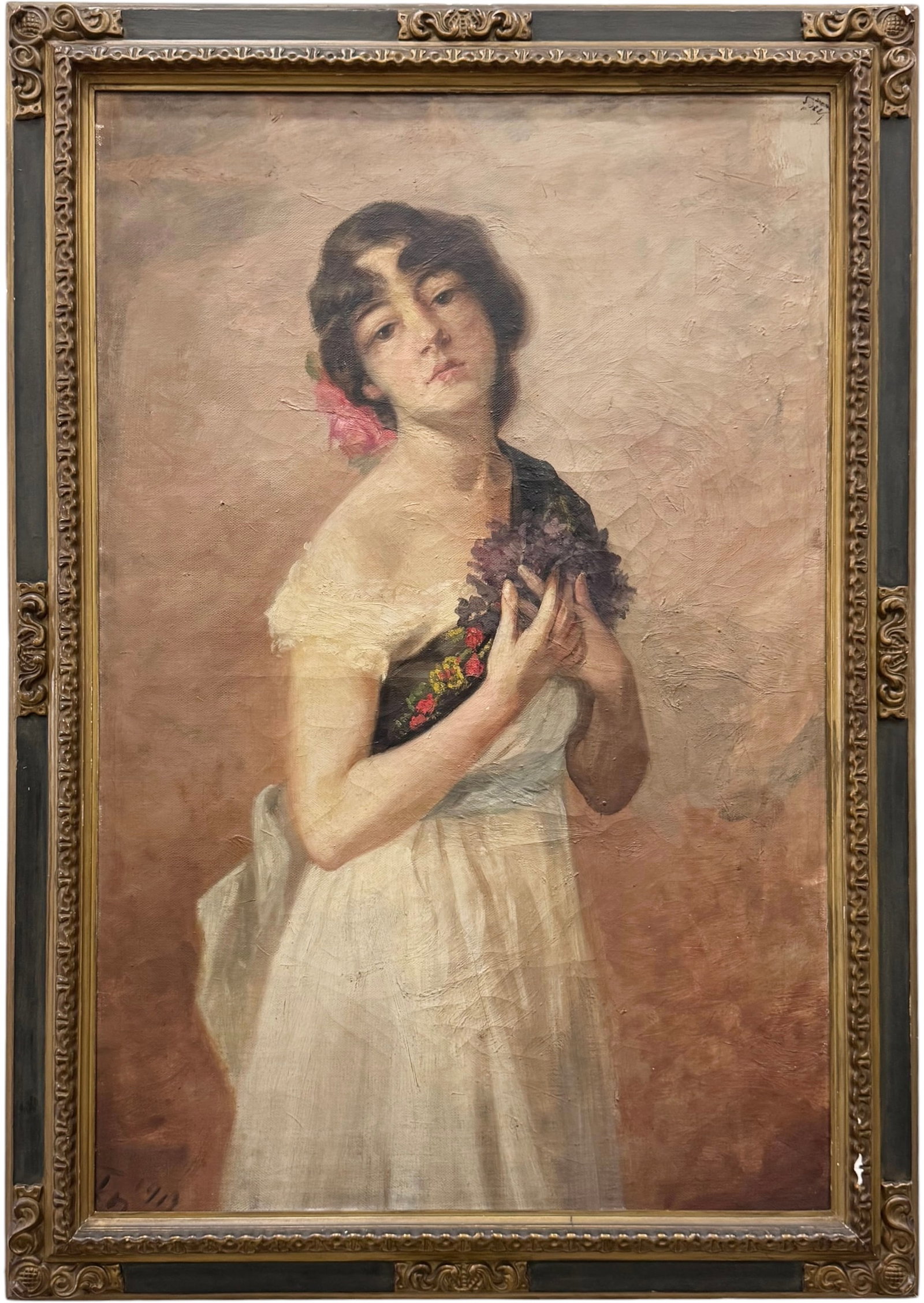 Portrait of a Lady with Flowers and Fan 1914, Indistinct Monogram Lower Left (1 of 6)