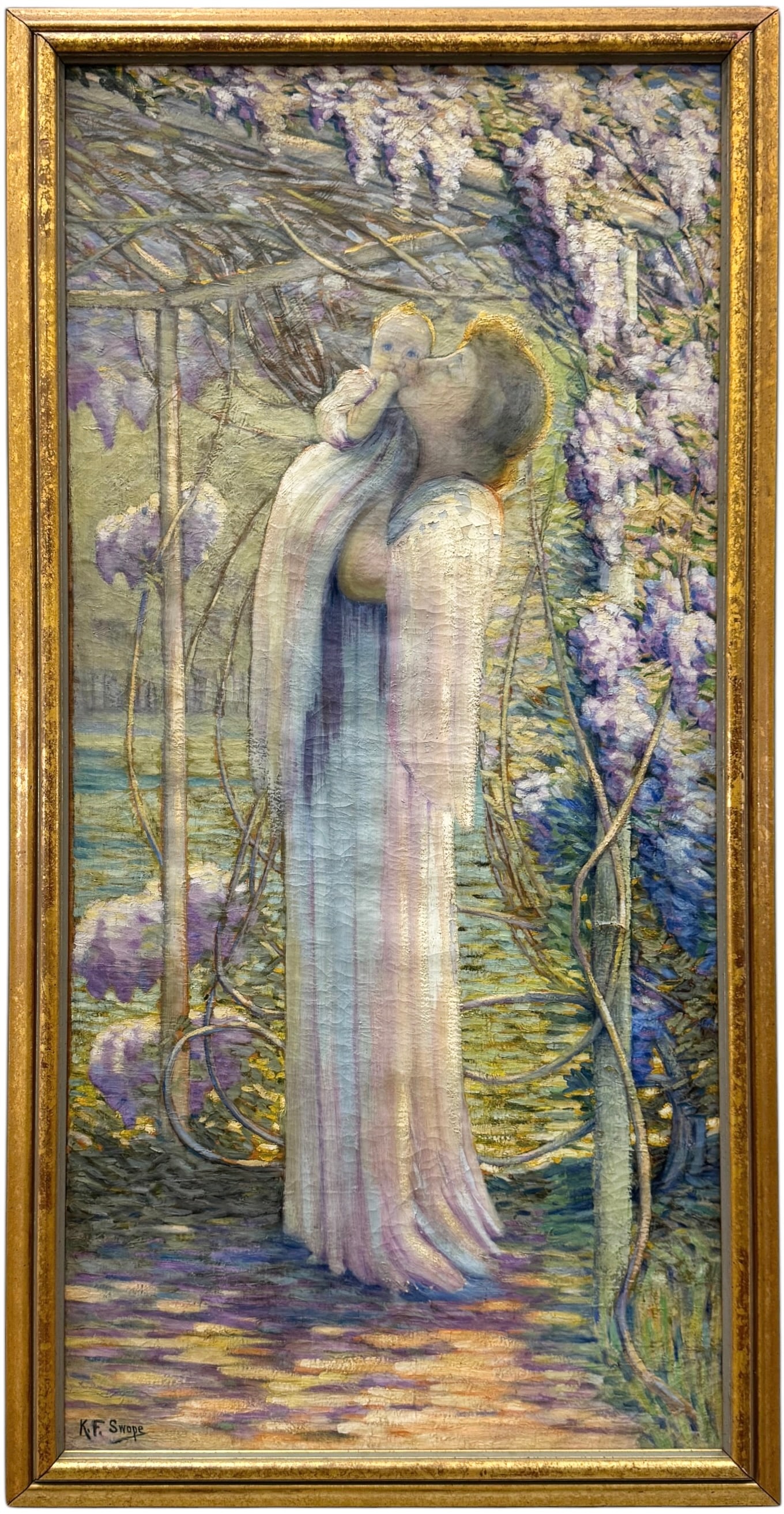 KATHERINE FICHTNER WILHEMINA SWOPE (1868-1941, Kentucky) Allegorical Child: Oil painting on canvas 46 1/2 x 22 1/2 in, 50 x 26 in (framed). Domestic Flat Shipping Price: $130