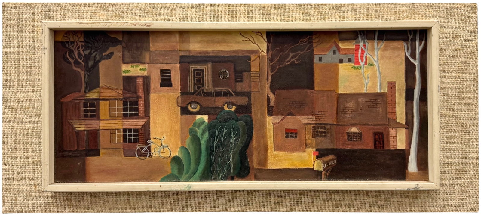 American School, Suburban Composition with Car and Bicycle Signed Schwartz (1 of 4)