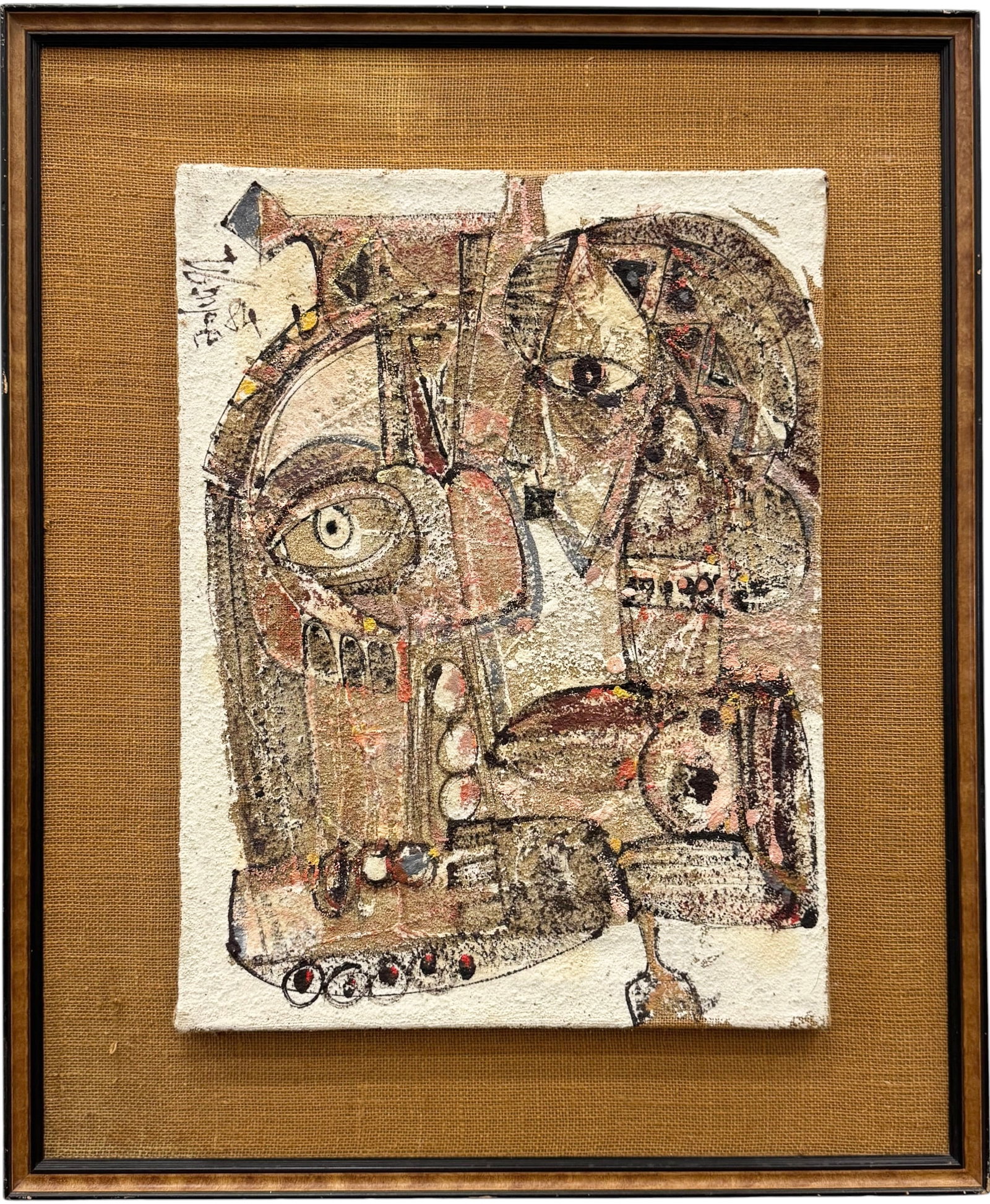 GEORGES EBRIN ADINGRA (1933-2005, African) Abstract: Georges-Ebrin Adingra was an Ivoirian Postwar & Contemporary painter . Oil painting on burlap 24 x 18 in, 33 1/2 x 27 1/2 in (framed). Domestic Flat Shipping Price: $90