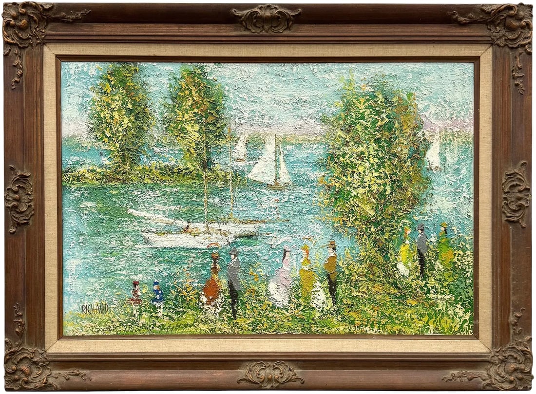 MAXIME RICHAUD (1924-1994, French) Landscape WIth Figures & Boats (1 of 3)
