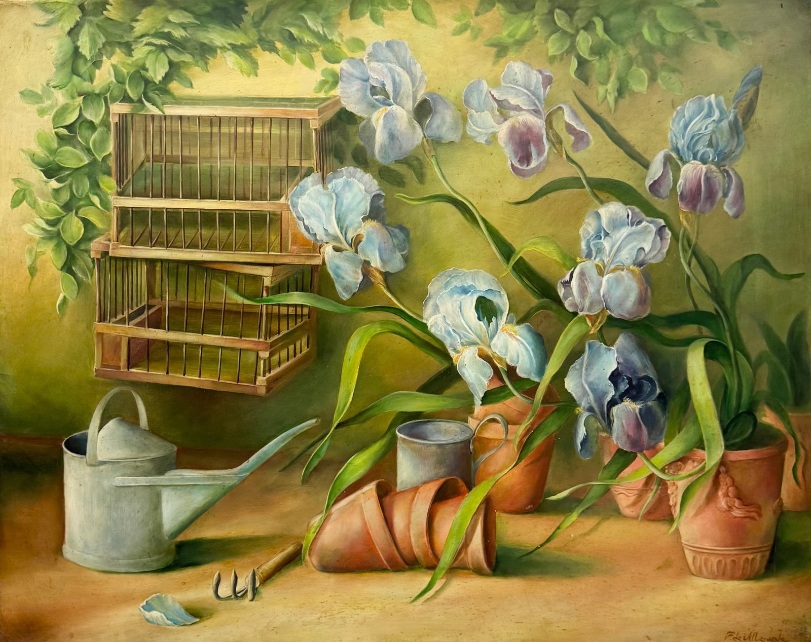 FABRICE DE VILLENEUVE (b. 1954, French) Irises and Birdcages: Oil painting on canvas 32 x 25 1/2 in. Domestic Flat Shipping Price: $90