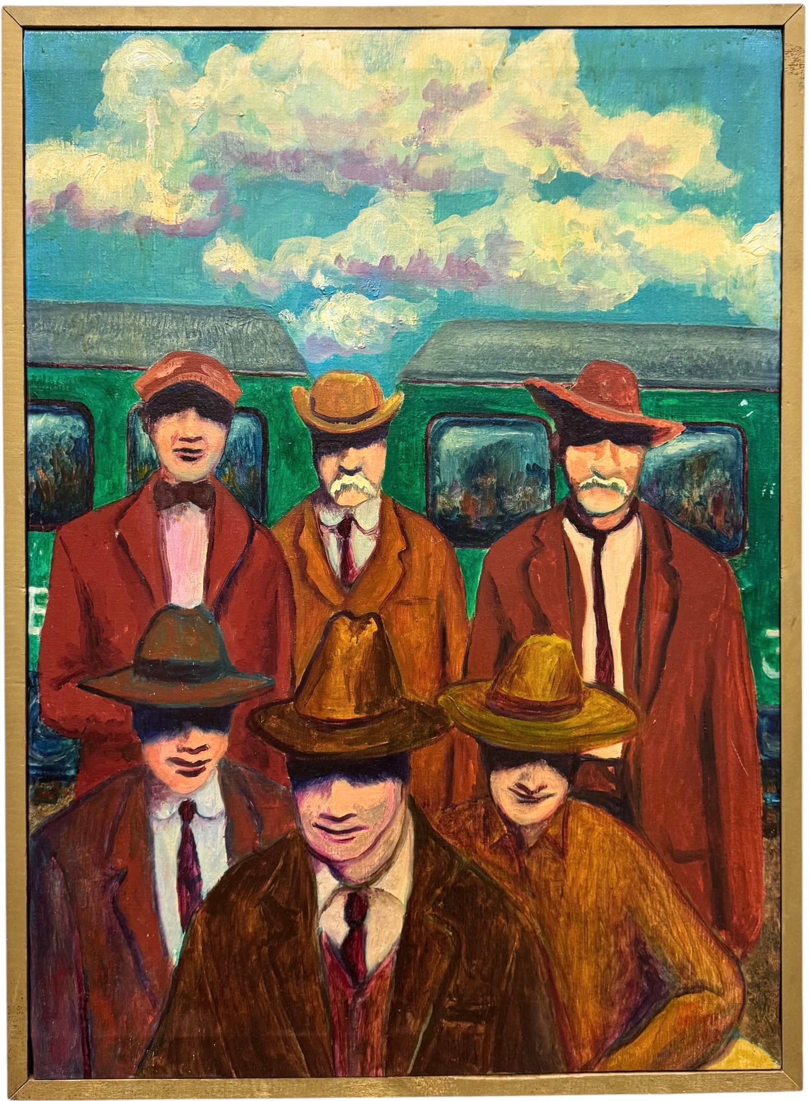 Mid-20th Century American School – Five Men in Hats Signed Oil on Canvas (1 of 3)