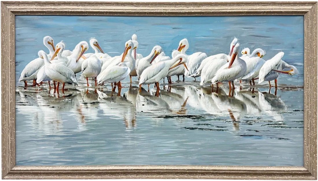 MICHAEL MOUKIOS (20th c, Florida) American White Pelicans, Naples Artist: Oil painting on canvas 40 x 21 in, 43 3/4 x 25 in. Domestic Flat Shipping Price: $110