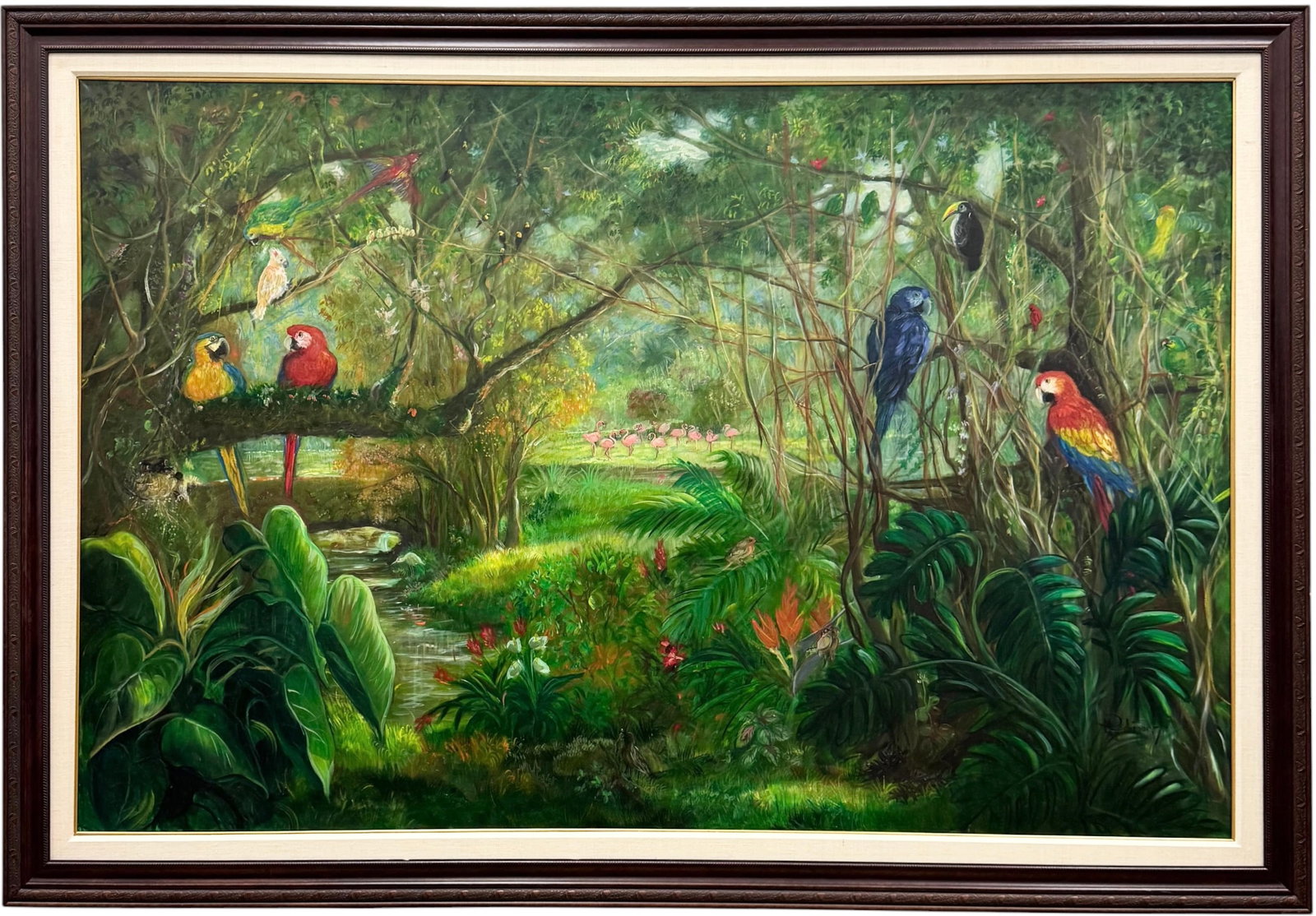 Monumental Tropical Jungle Landscape with Macaws and Toucans, Signed 86" x 59": Oil painting on canvas 76 x 50 in, 86 x 59 in (framed)