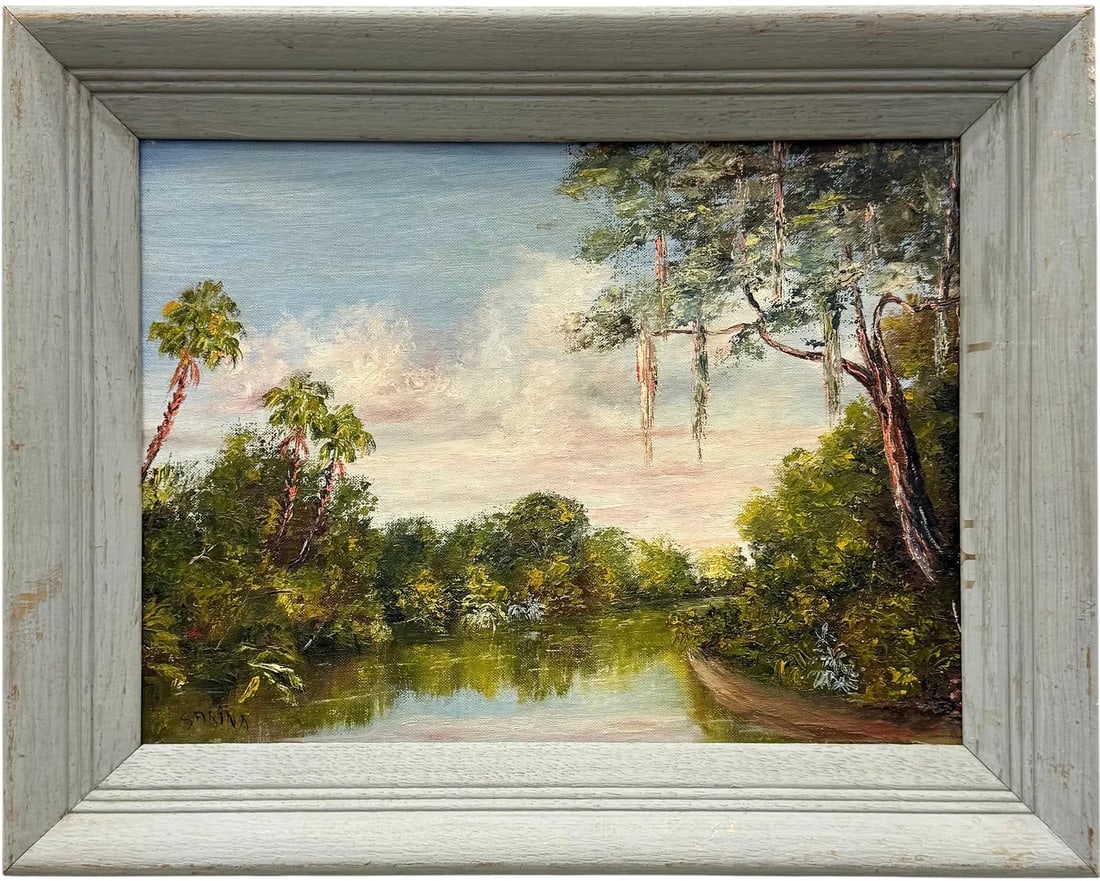 Mid-20th Century Impressionist Florida Everglades Signed Oil On Board: Oil painting on canvas 16 x 12 in, 20 x 16 in (framed). Domestic Flat Shipping Price: $55