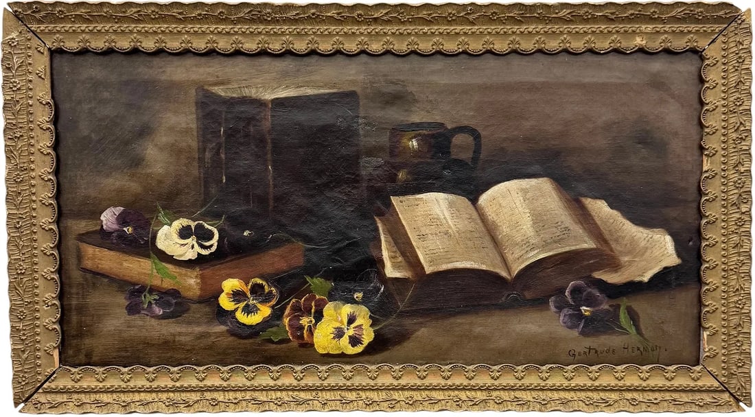 GERTRUDE HARMON 19th Century American School Still Life Yellow Pansies & Books (1 of 3)