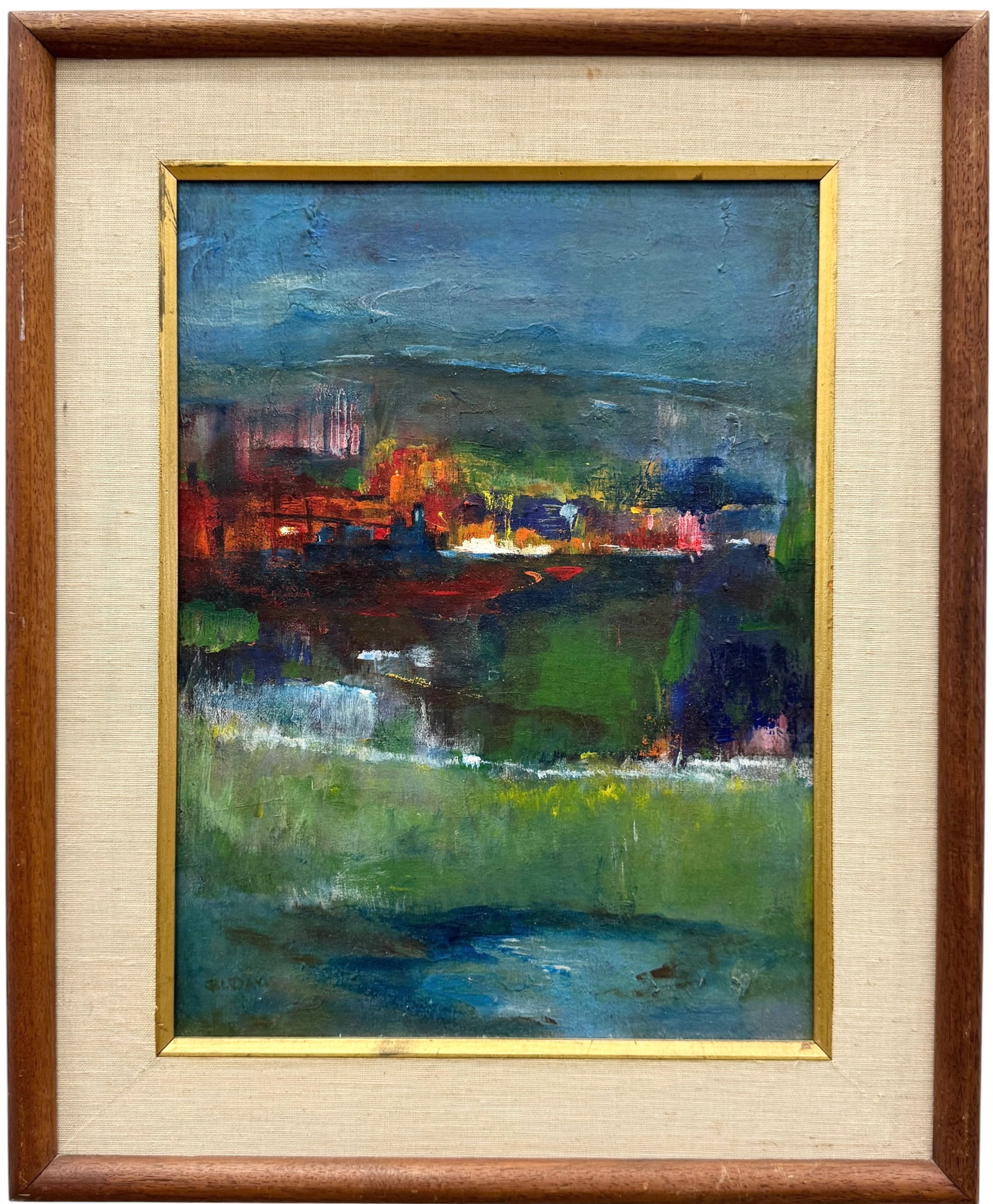 B.L. DAVIS (AMERICAN, MID-20TH CENTURY) Abstract Landscape with Twilight Horizon: Oil painting on board 16 x 12 in, 22 x 18 in (framed). Domestic Flat Shipping Price: $55