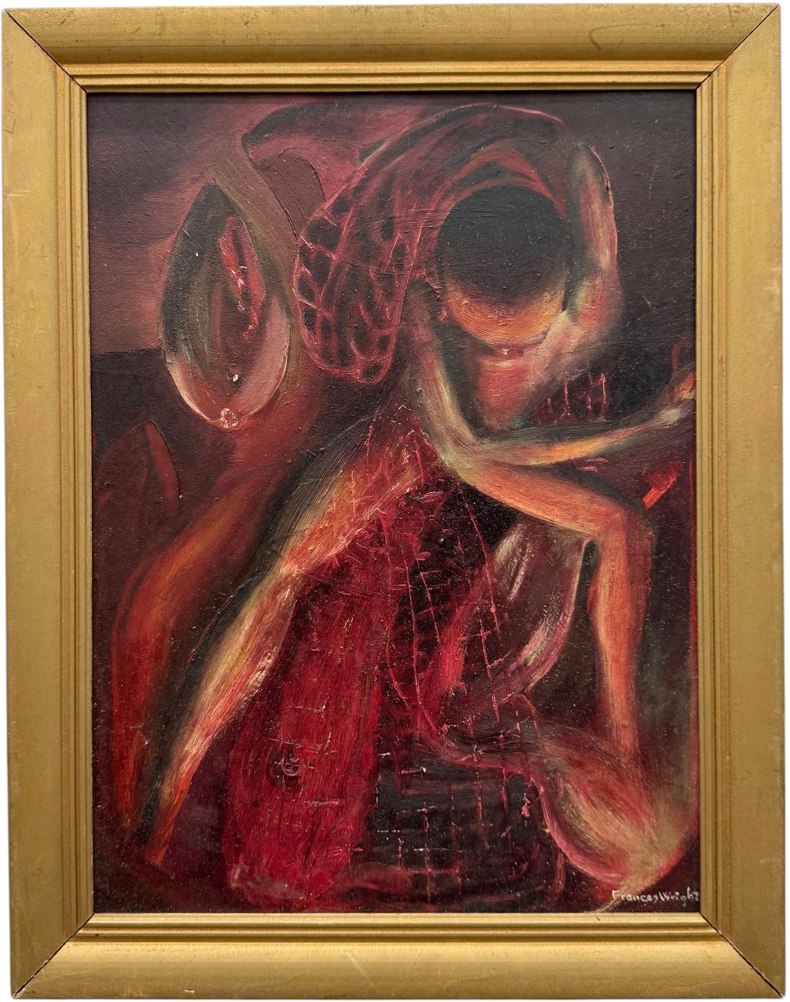 FRANCES WRIGHT (Mid-20th c, American) Surrealist Abstract Figures in Red: Oil painting on board 15 3/4 x 11 3/4 in, 18 x 14 in (framed). Domestic Flat Shipping Price: $55