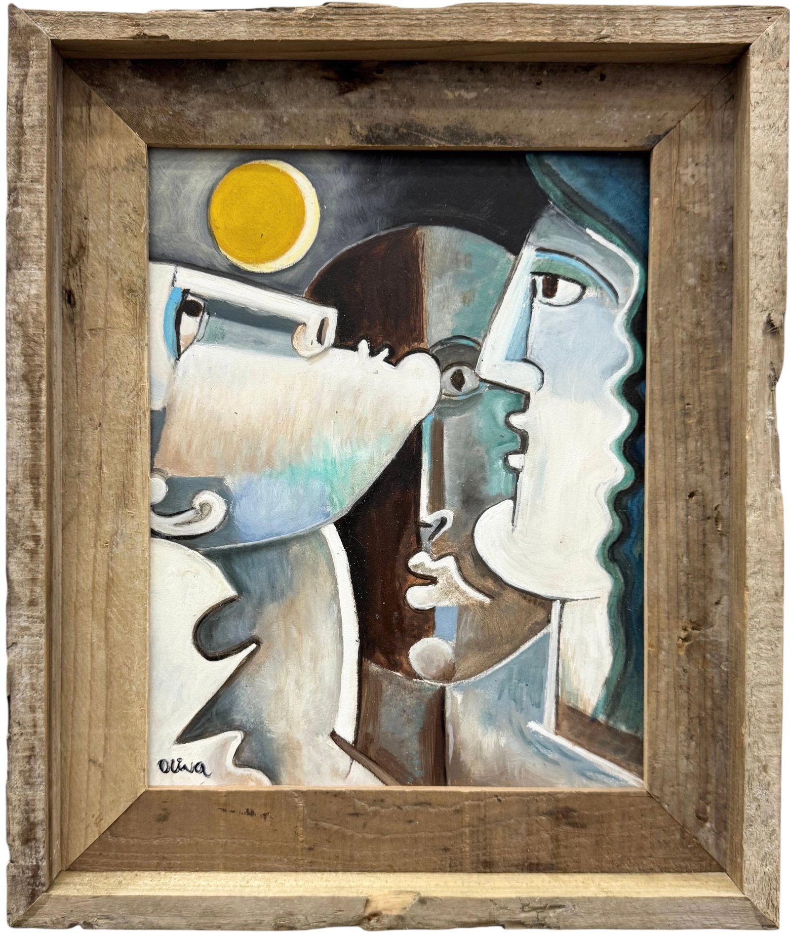 Cubist Abstarct Heads With A Moon Signed Oil On Board: Oil painting on board 10 x 8 in, 13 x 11 in (framed). Domestic Flat Shipping Price: $45