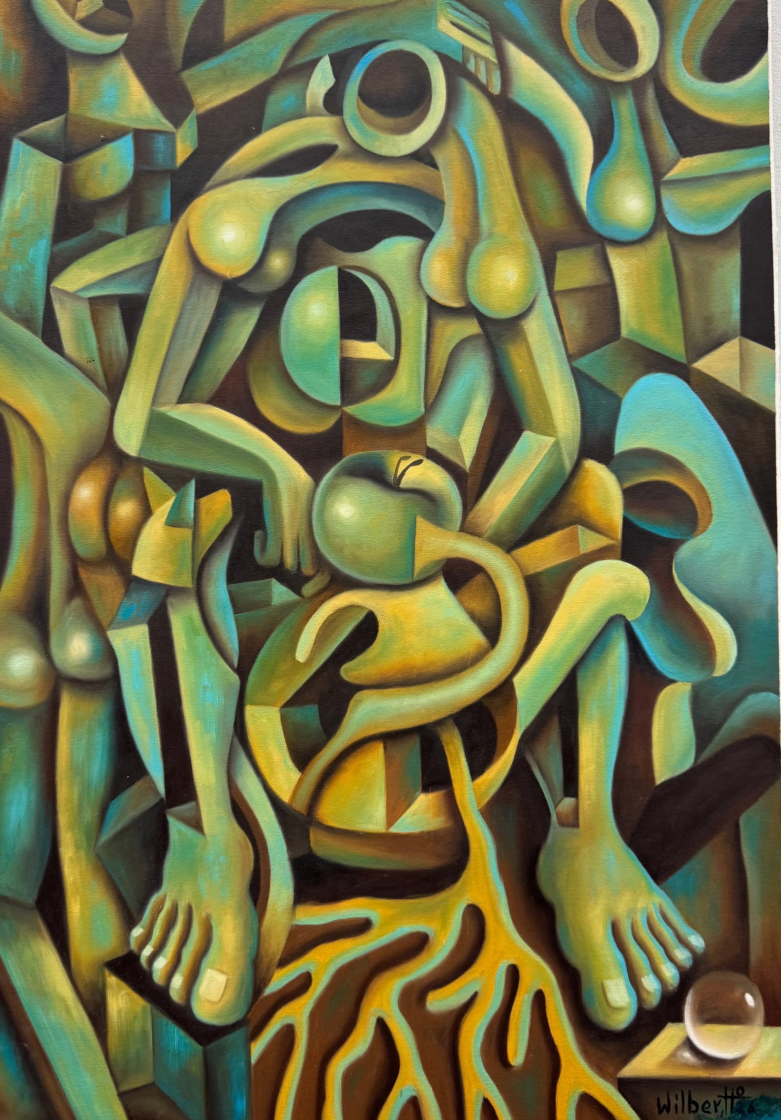 WILBER HERERRA ORTIZ (20th c, Mexico) Cubist Abstract: Oil painting on board 29 1/2 x 20 3/4 in. Domestic Flat Shipping Price: $65