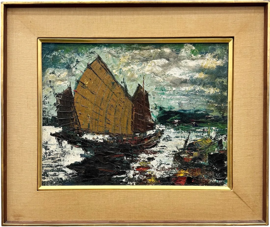 Mid-Century Modern Impressionist Seascape, Chinese Junk Boat in Rough Waters: Signed with monogram. Oil painting on canvas 18 x 14 in, 25 1/2 x 21 1/2 in (framed). Domestic Flat Shipping Price: $80