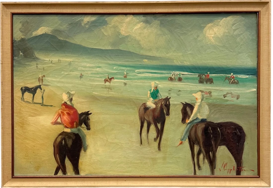 J, APPLETON 20th Century Signed Painting Of Horses At The Beach: Oil painting on canvas 36 x 24 in, 39 x 27 in (framed). Domestic Flat Shipping Price: $110