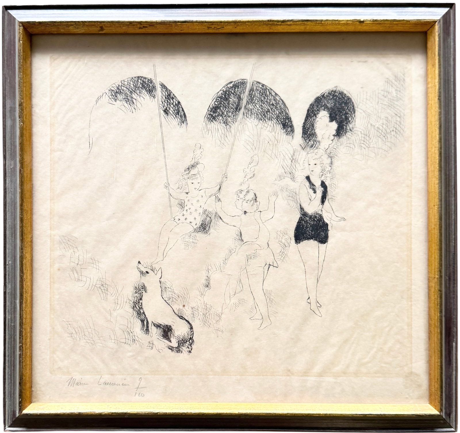 MARIE LAURENCIN "Three Children & A Dog" Pencil Signed Etching: 13 1/2 x 13 in (framed).Domestic Flat Shipping Price: $55