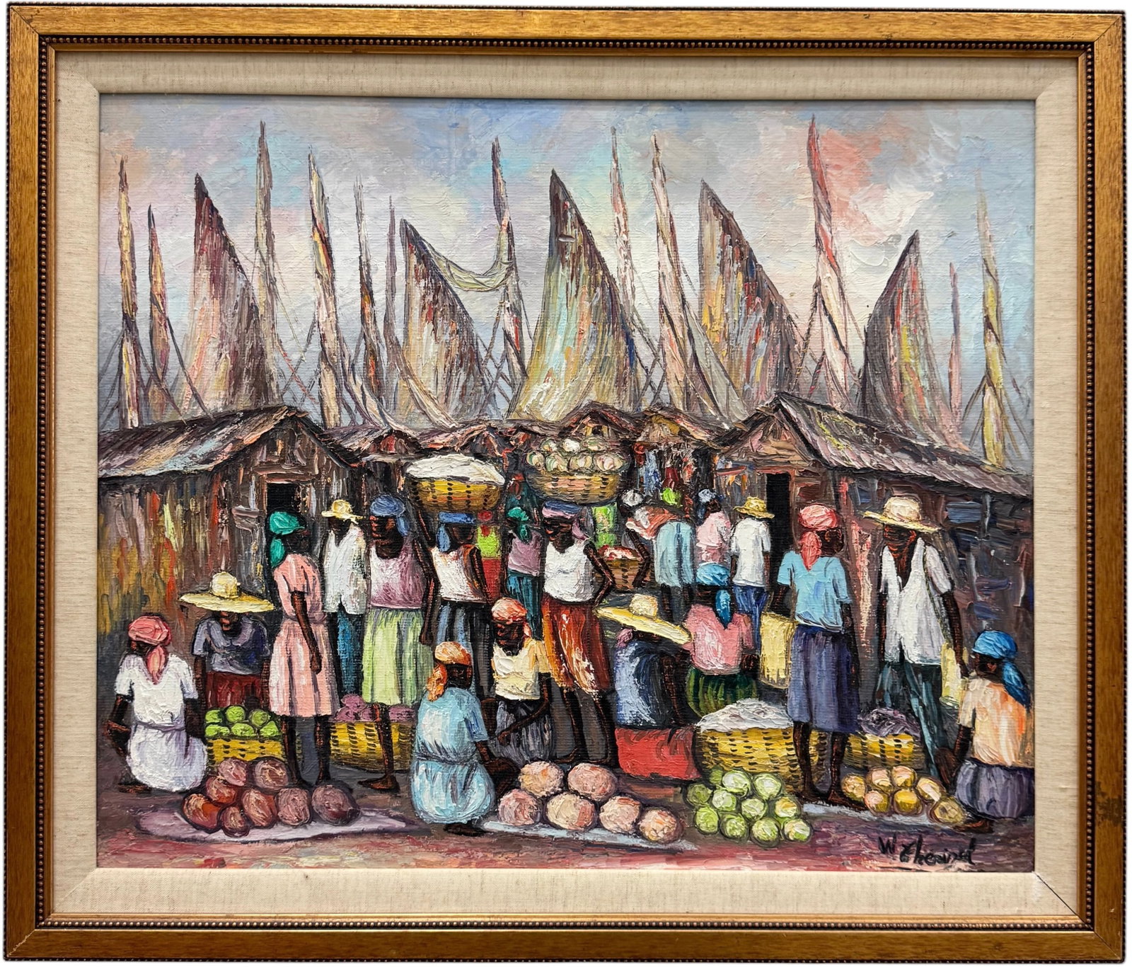 WILBER CHERIZOL (20th Hatian) Impressionist Village Scene: Oil painting 24 x 20 in, 28 x 24 in (framed). Domestic Flat Shipping Price: $65